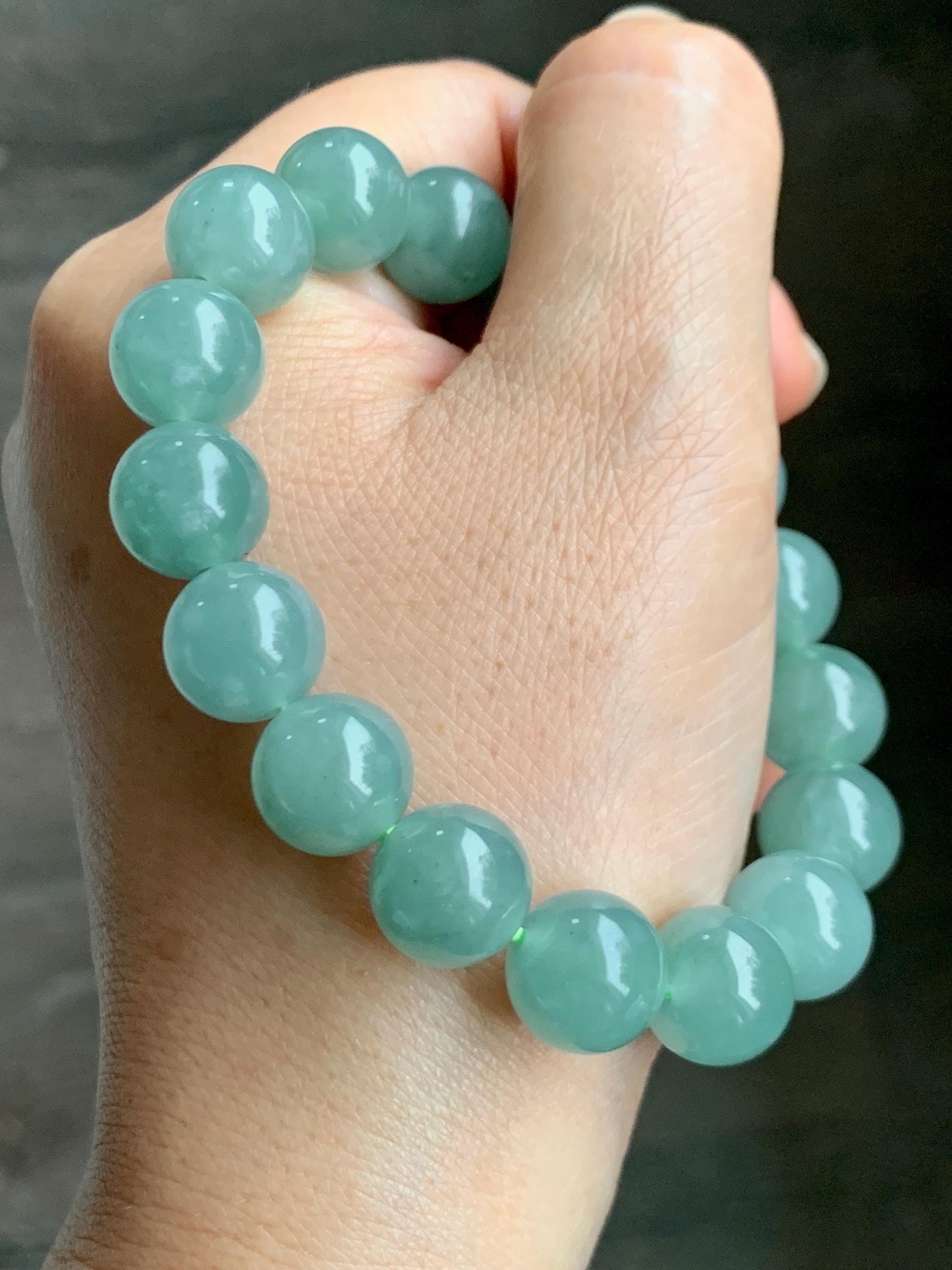 Natural Grade A Guatemalan Icy Translucent Light Teal Green Jade Jadeite Large Beads Beaded Bracelet 11.9mm 7.5” 49g 天然冰危浅蓝绿翡翠圆珠手串 WDQ550B