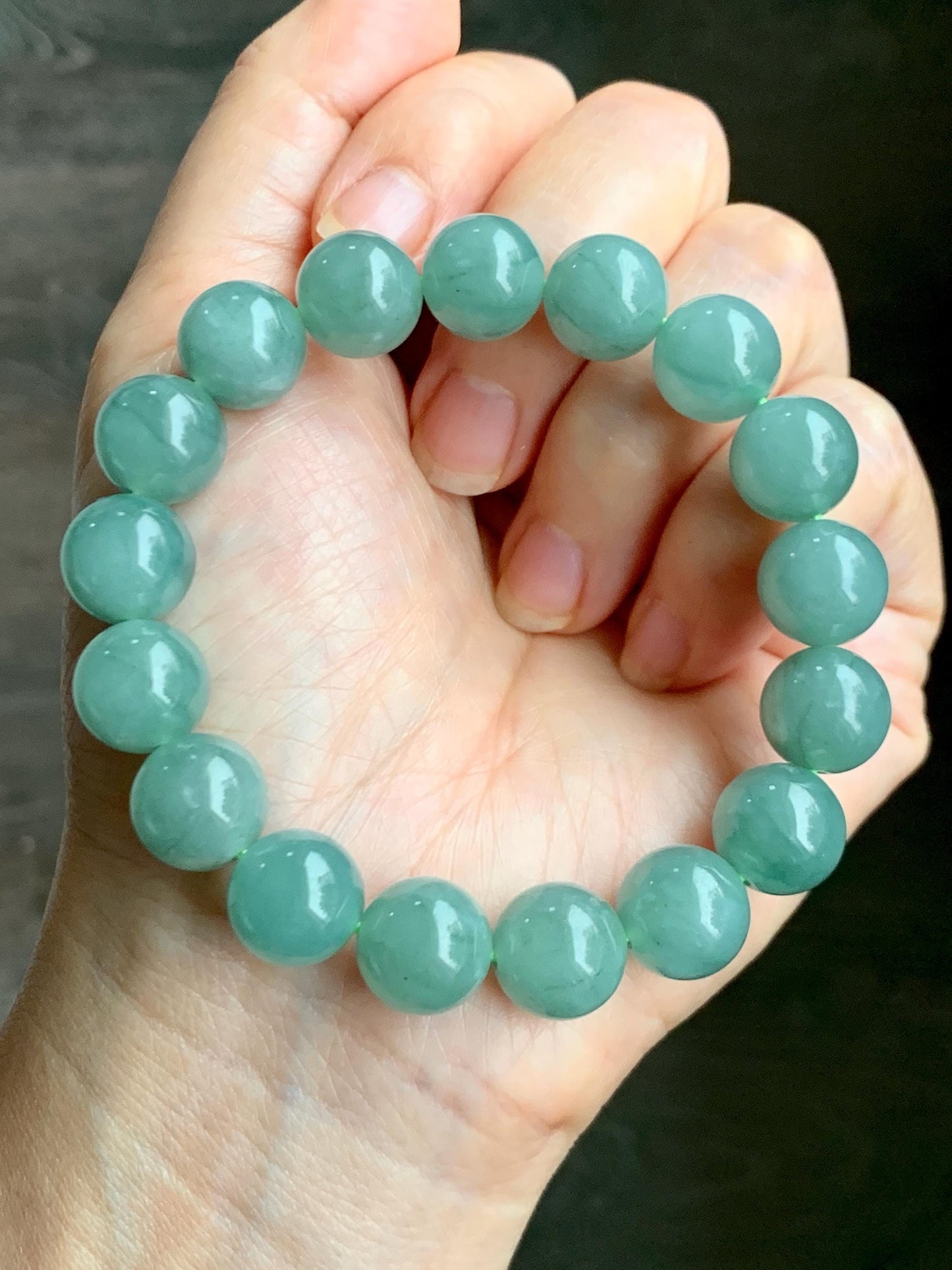 Natural Grade A Guatemalan Icy Translucent Light Teal Green Jade Jadeite Large Beads Beaded Bracelet 11.9mm 7.5” 49g 天然冰危浅蓝绿翡翠圆珠手串 WDQ550B