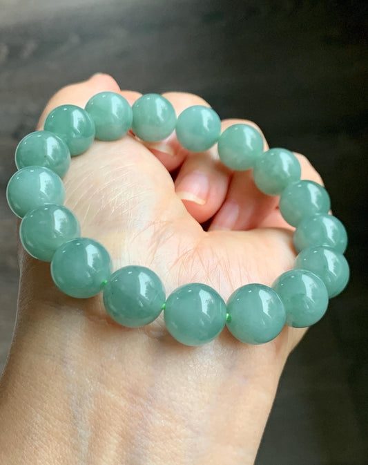 Natural Grade A Guatemalan Icy Translucent Light Teal Green Jade Jadeite Large Beads Beaded Bracelet 11.9mm 7.5” 49g 天然冰危浅蓝绿翡翠圆珠手串 WDQ550B