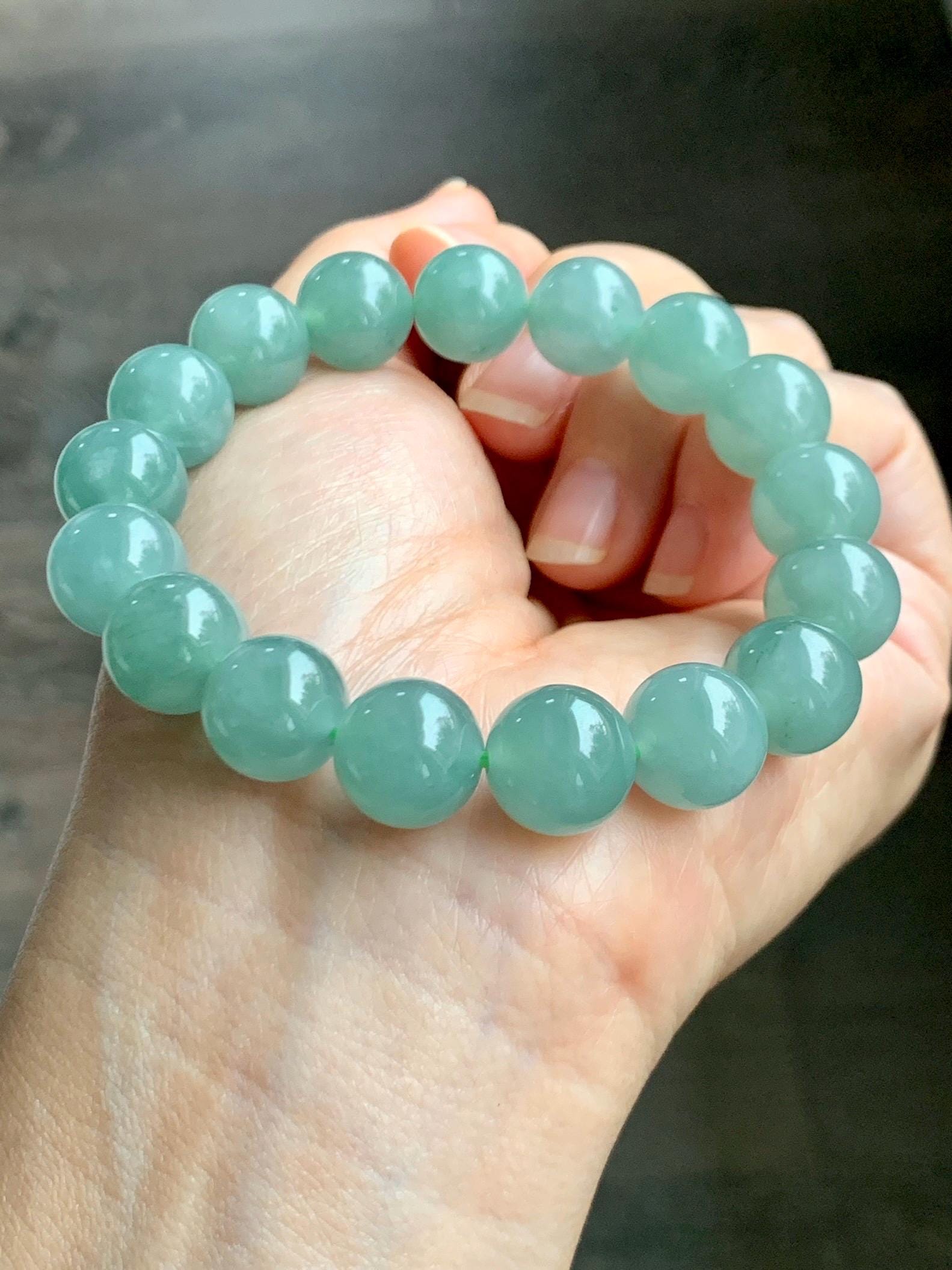 Natural Grade A Guatemalan Icy Translucent Light Teal Green Jade Jadeite Large Beads Beaded Bracelet 11.9mm 7.5” 49g 天然冰危浅蓝绿翡翠圆珠手串 WDQ550A