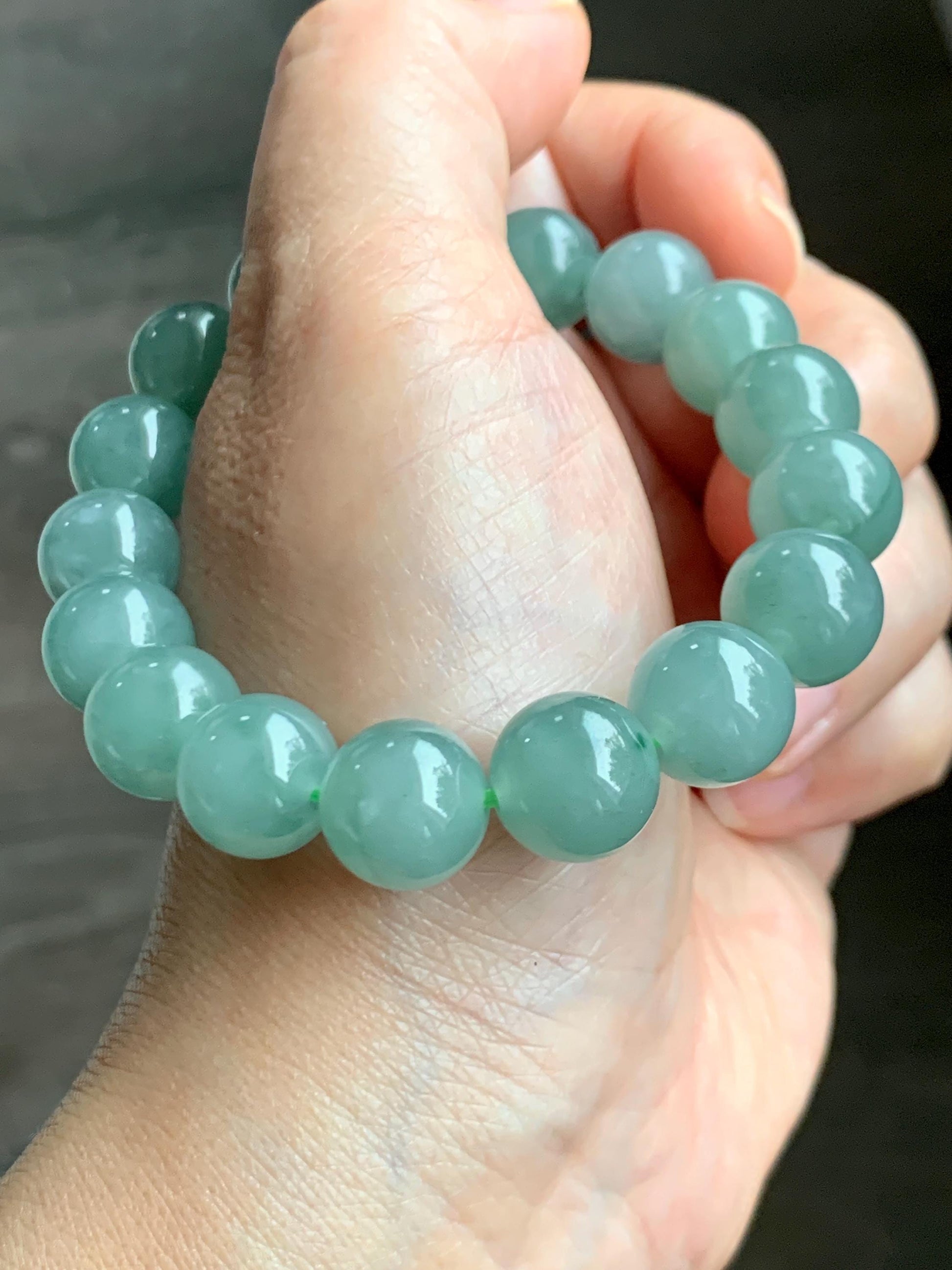 Natural Grade A Guatemalan Icy Translucent Light Teal Green Jade Jadeite Large Beads Beaded Bracelet 11.9mm 7.5” 49g 天然冰危浅蓝绿翡翠圆珠手串 WDQ550A