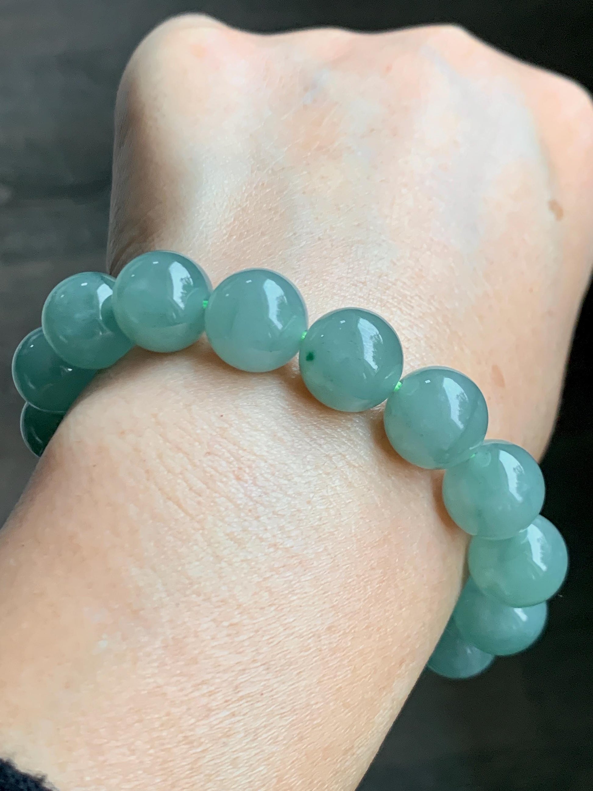 Natural Grade A Guatemalan Icy Translucent Light Teal Green Jade Jadeite Large Beads Beaded Bracelet 11.9mm 7.5” 49g 天然冰危浅蓝绿翡翠圆珠手串 WDQ550A