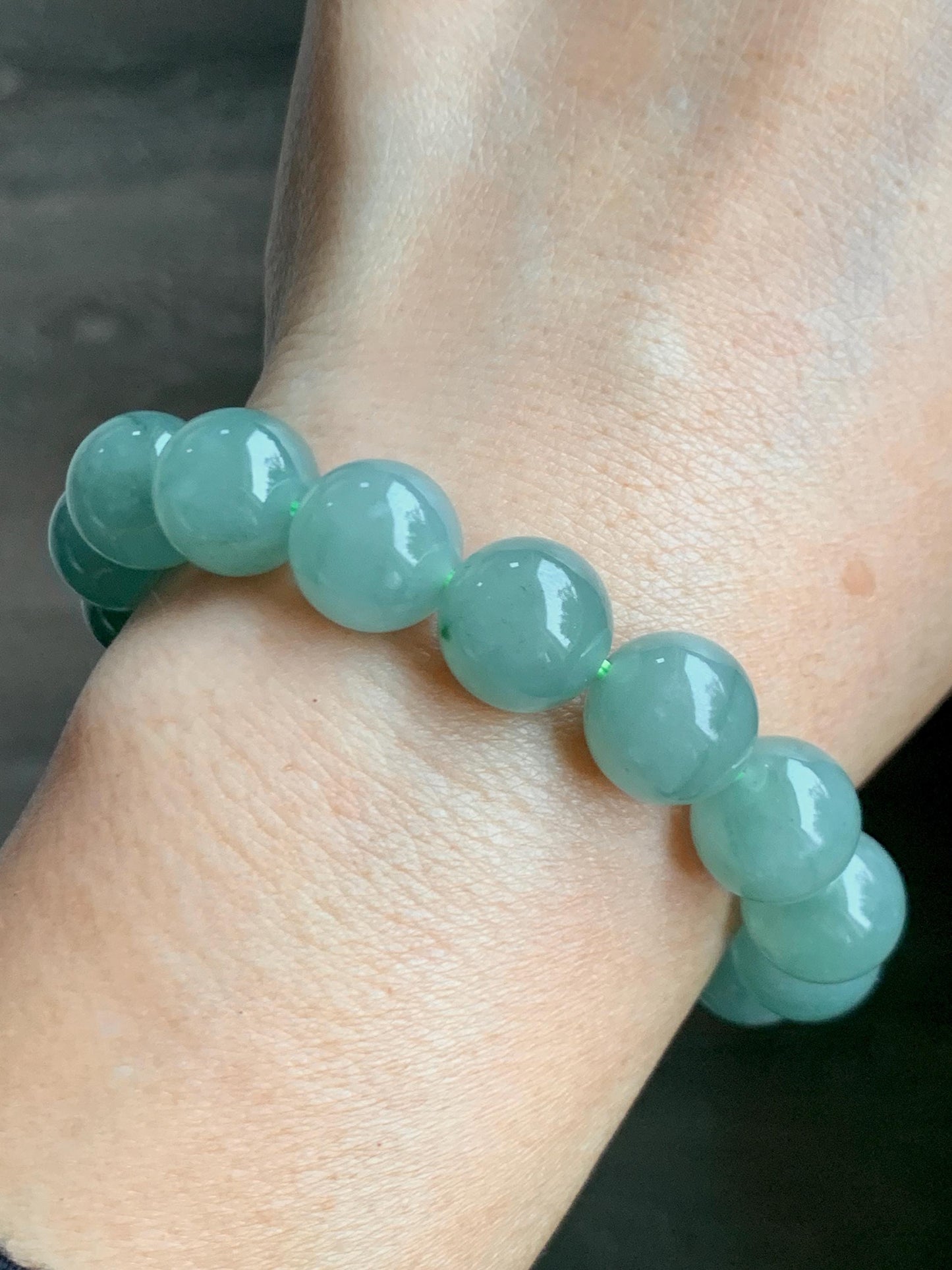 Natural Grade A Guatemalan Icy Translucent Light Teal Green Jade Jadeite Large Beads Beaded Bracelet 11.9mm 7.5” 49g 天然冰危浅蓝绿翡翠圆珠手串 WDQ550A