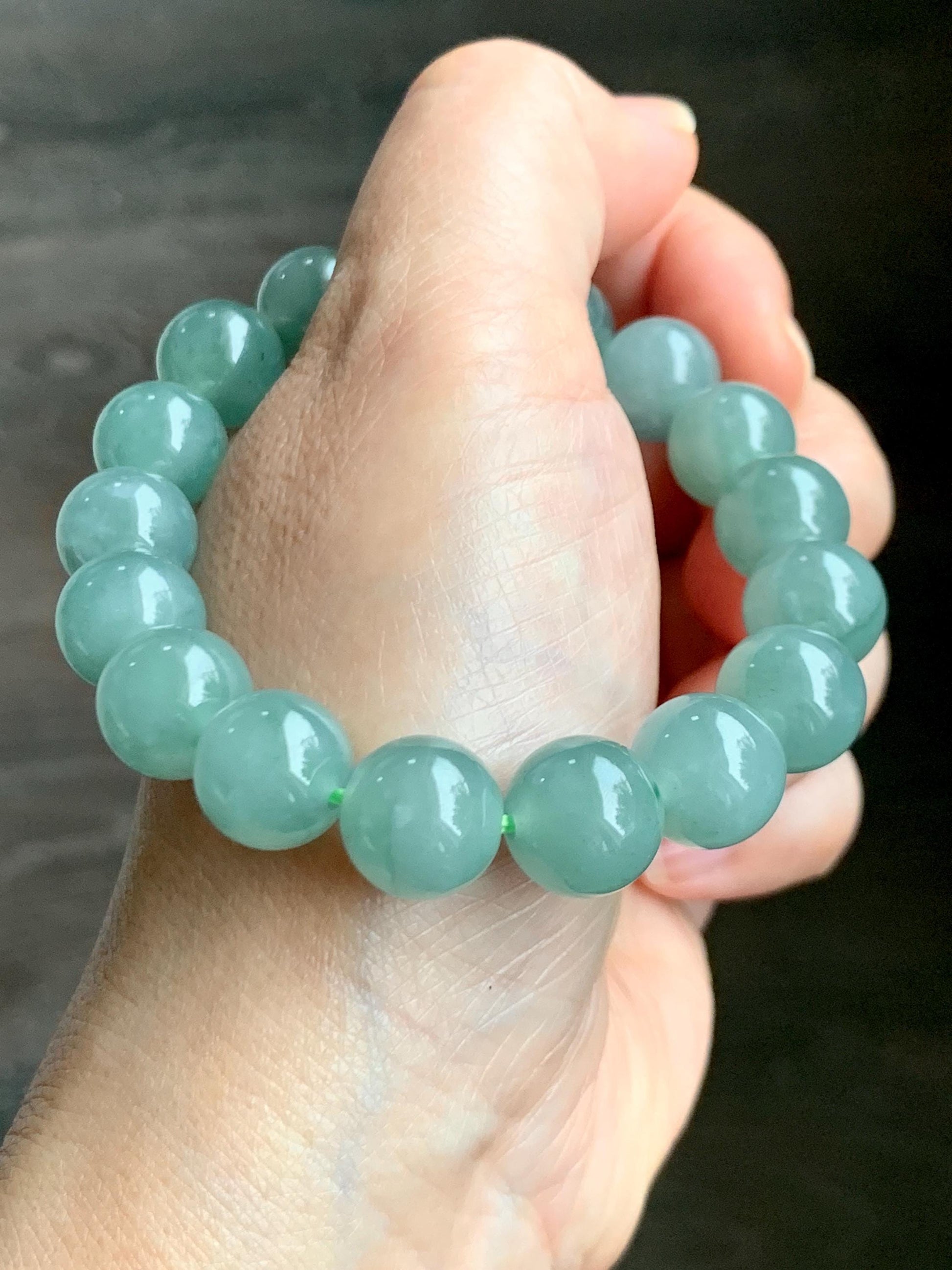 Natural Grade A Guatemalan Icy Translucent Light Teal Green Jade Jadeite Large Beads Beaded Bracelet 11.9mm 7.5” 49g 天然冰危浅蓝绿翡翠圆珠手串 WDQ550A