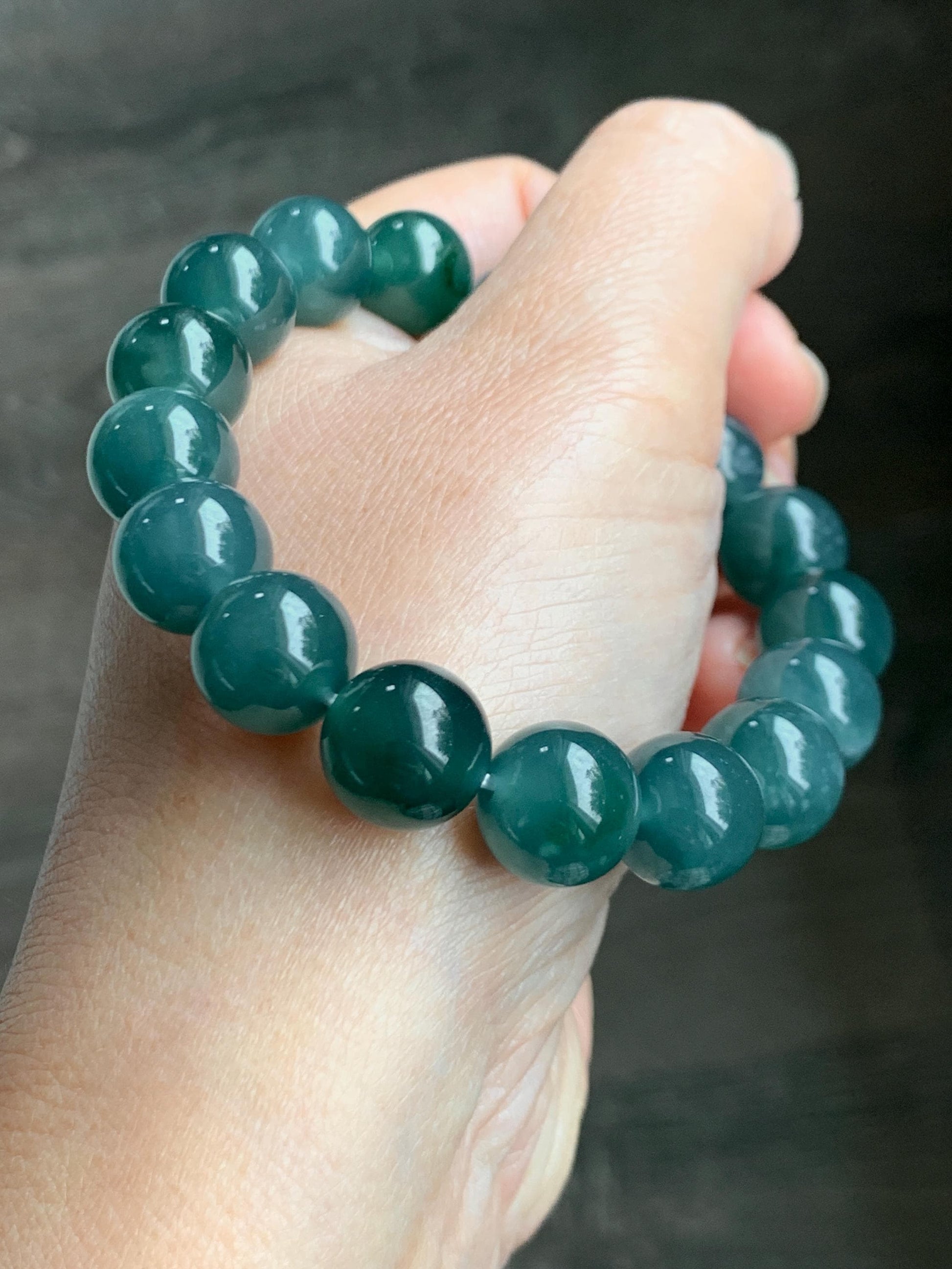 Natural Grade A Guatemalan Icy Translucent Dark Teal Green Jade Jadeite Large Beads Beaded Bracelet 11.9mm 7.5” 49g 天然冰危深蓝绿翡翠圆珠手串 SWL498A