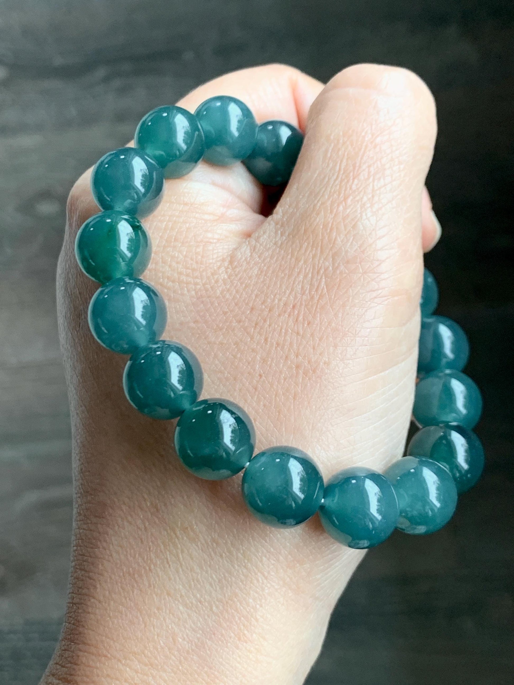 Natural Grade A Guatemalan Icy Translucent Dark Teal Green Jade Jadeite Large Beads Beaded Bracelet 11.9mm 7.5” 49g 天然冰危深蓝绿翡翠圆珠手串 SWL498A