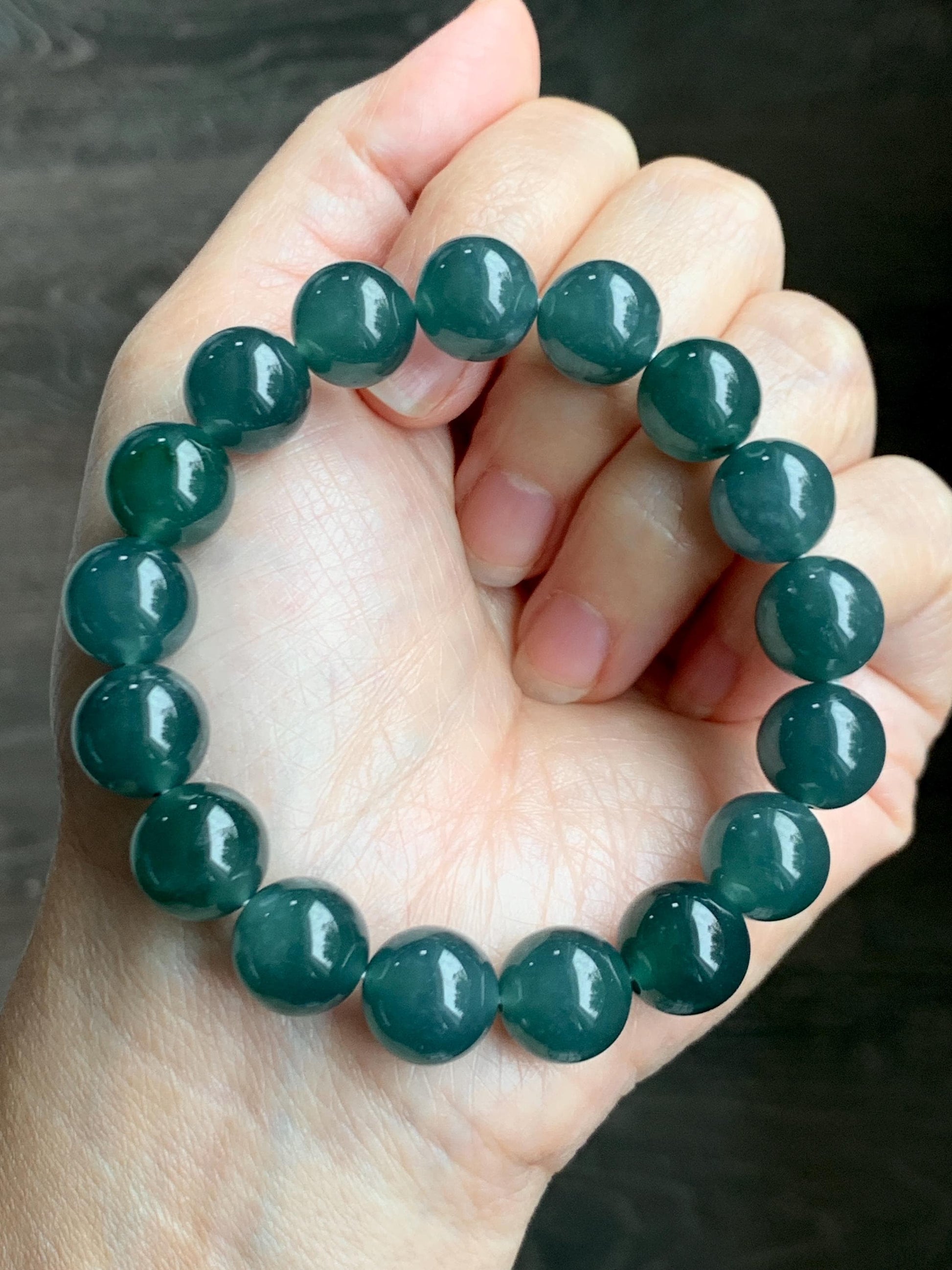 Natural Grade A Guatemalan Icy Translucent Dark Teal Green Jade Jadeite Large Beads Beaded Bracelet 11.9mm 7.5” 49g 天然冰危深蓝绿翡翠圆珠手串 SWL498A