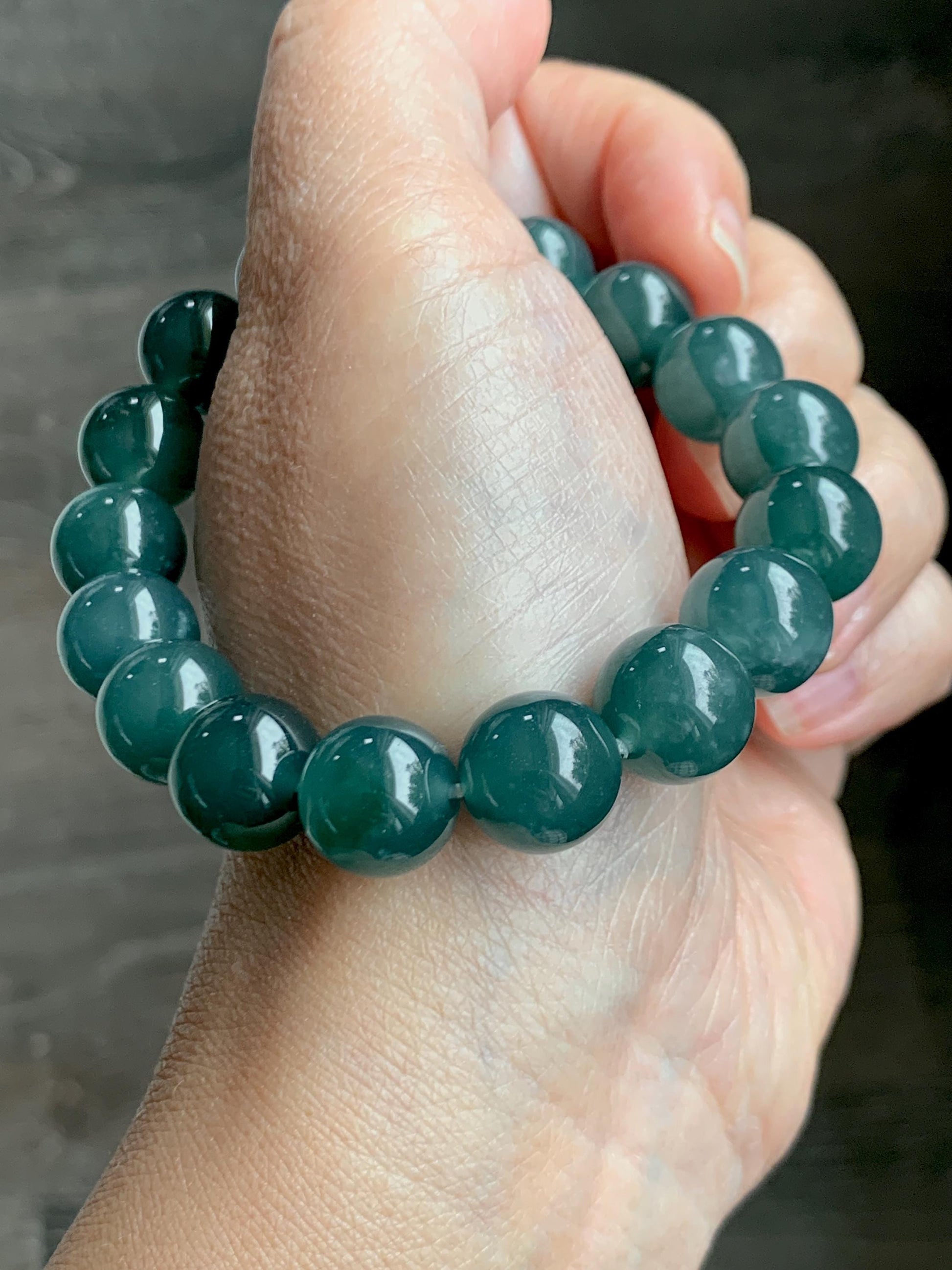 Natural Grade A Guatemalan Icy Translucent Dark Teal Green Jade Jadeite Large Beads Beaded Bracelet 11.9mm 7.5” 49g 天然冰危深蓝绿翡翠圆珠手串 SWL498A