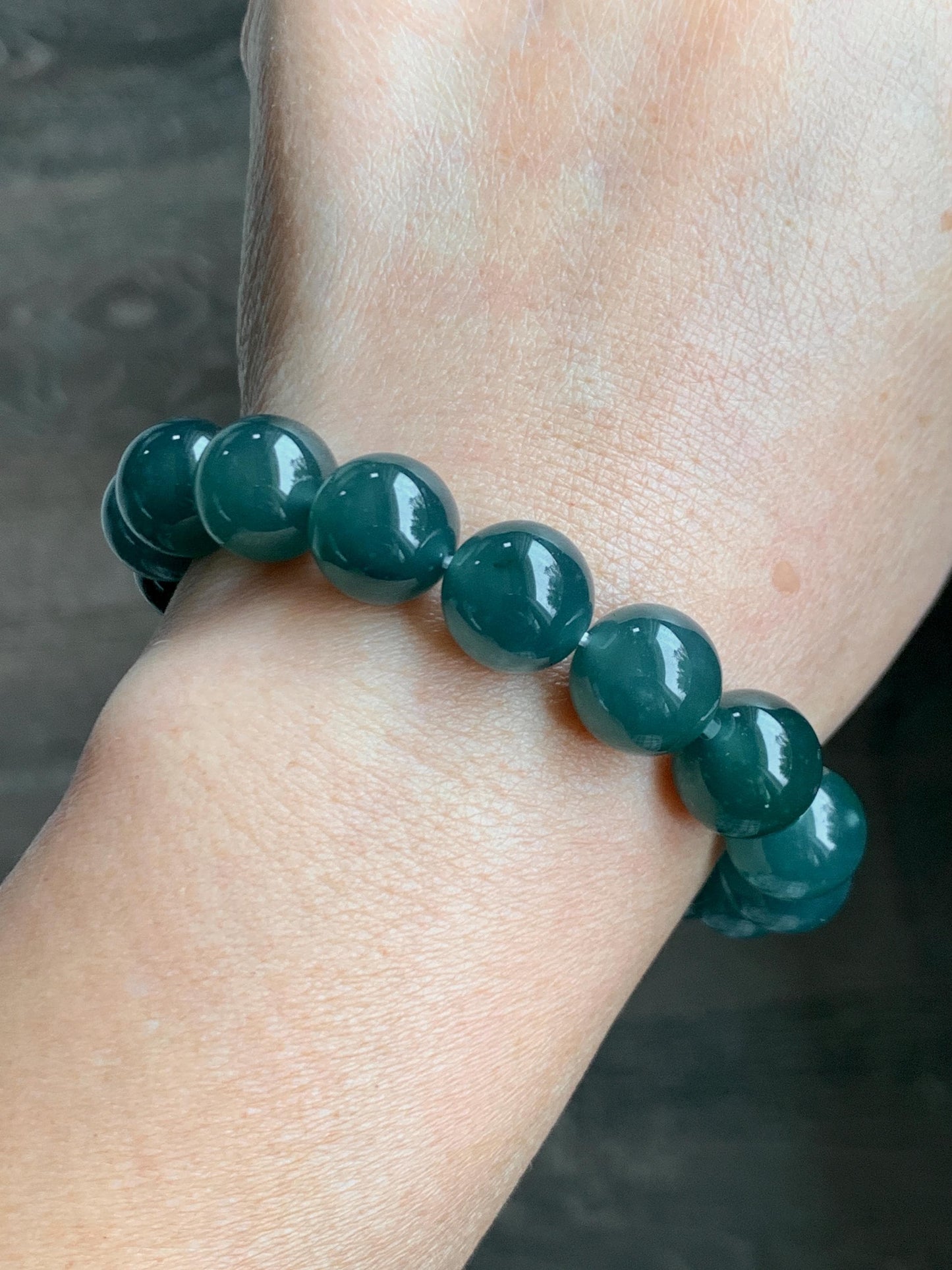 Natural Grade A Guatemalan Icy Translucent Dark Teal Green Jade Jadeite Large Beads Beaded Bracelet 11.9mm 7.5” 49g 天然冰危深蓝绿翡翠圆珠手串 SWL498A