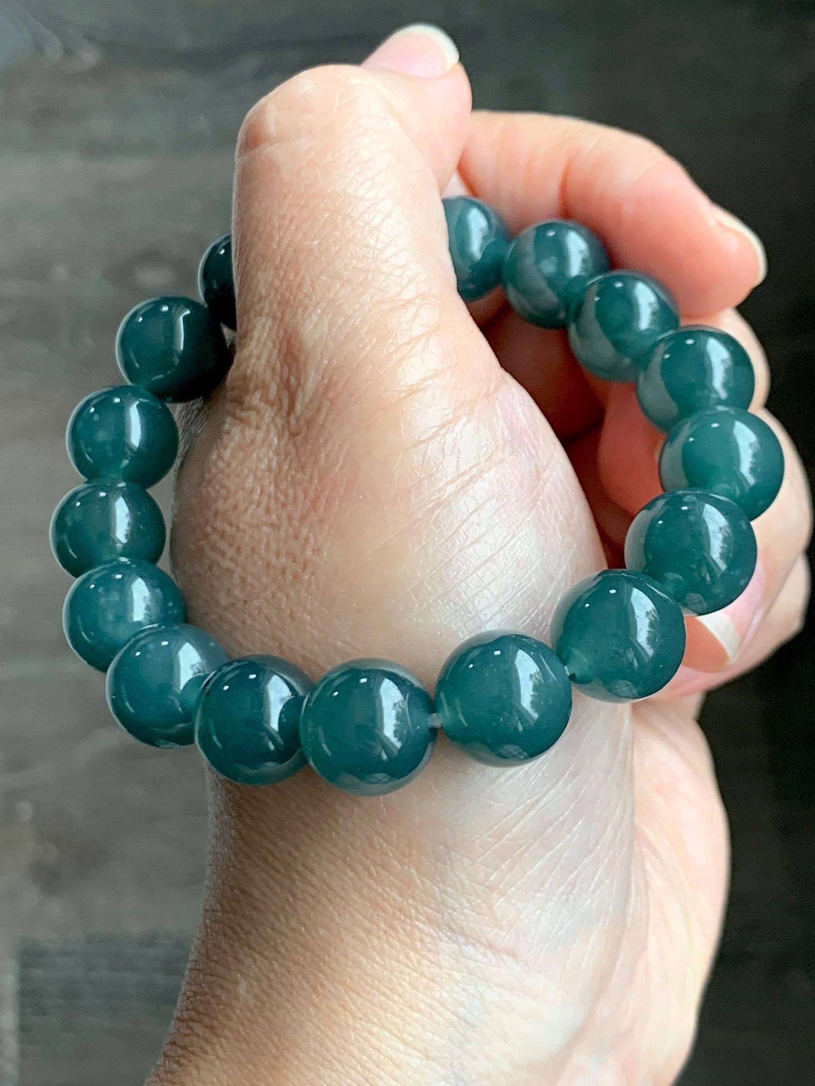 Natural Grade A Guatemalan Icy Translucent Dark Teal Green Jade Jadeite Large Beads Beaded Bracelet 11.9mm 7.5” 49g 天然冰危深蓝绿翡翠圆珠手串 SWL498B