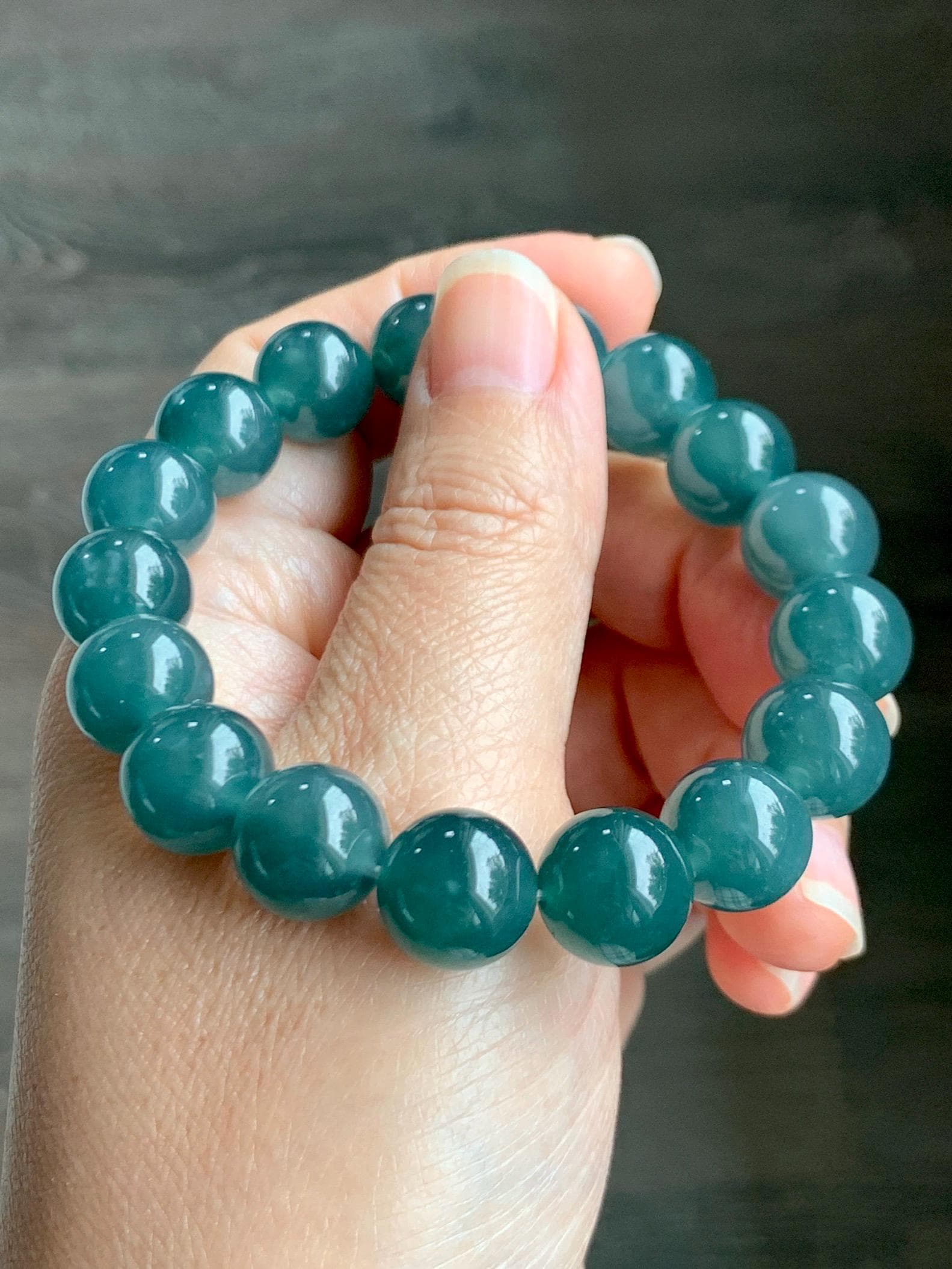 Natural Grade A Guatemalan Icy Translucent Dark Teal Green Jade Jadeite Large Beads Beaded Bracelet 11.9mm 7.5” 49g 天然冰危深蓝绿翡翠圆珠手串 SWL498B