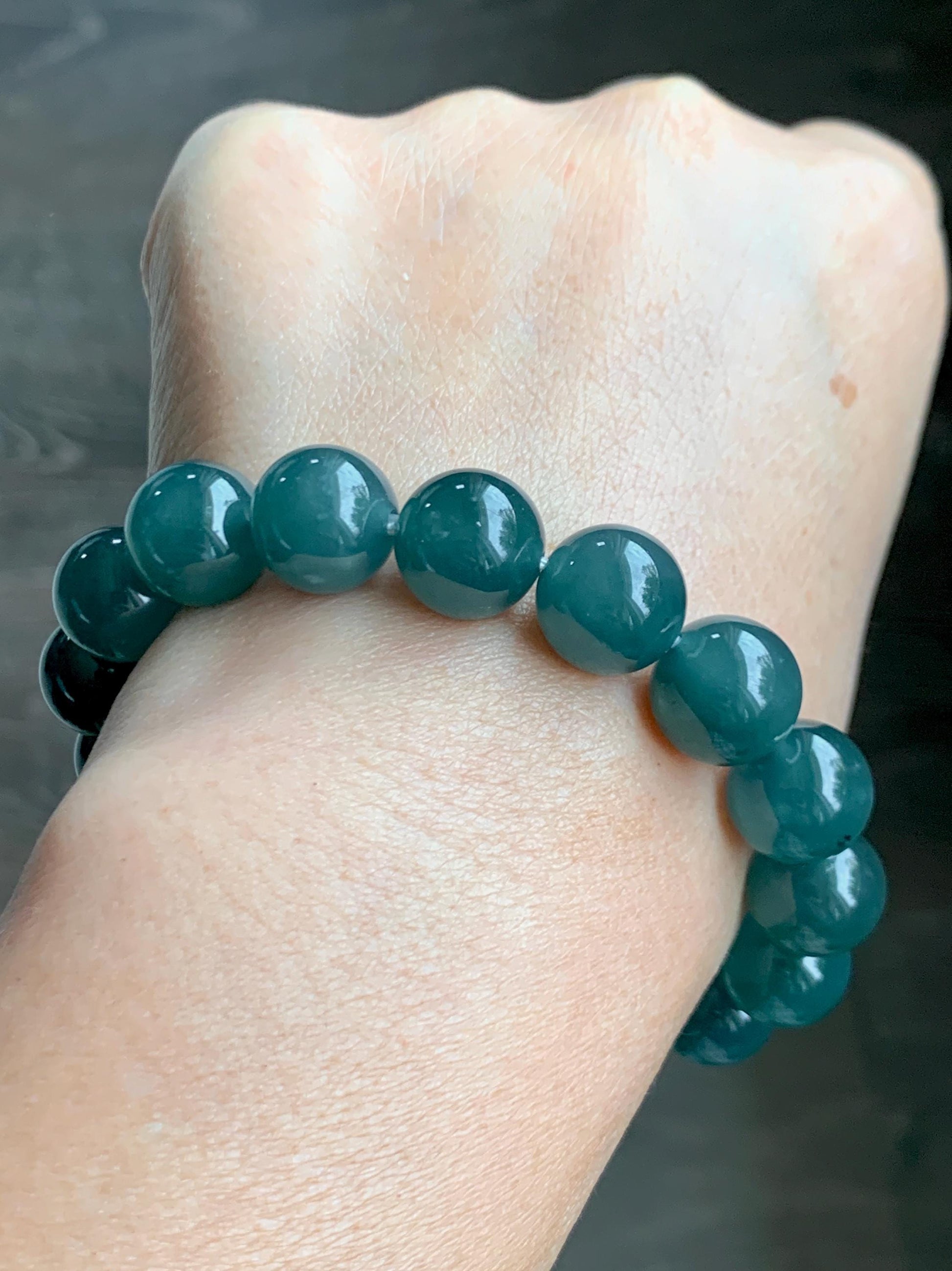 Natural Grade A Guatemalan Icy Translucent Dark Teal Green Jade Jadeite Large Beads Beaded Bracelet 11.9mm 7.5” 49g 天然冰危深蓝绿翡翠圆珠手串 SWL498B
