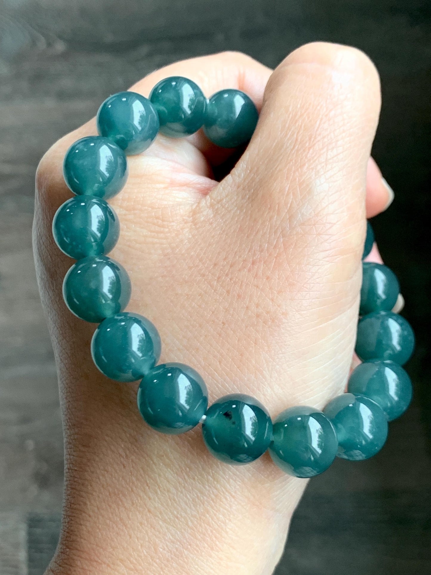 Natural Grade A Guatemalan Icy Translucent Dark Teal Green Jade Jadeite Large Beads Beaded Bracelet 11.9mm 7.5” 49g 天然冰危深蓝绿翡翠圆珠手串 SWL498B