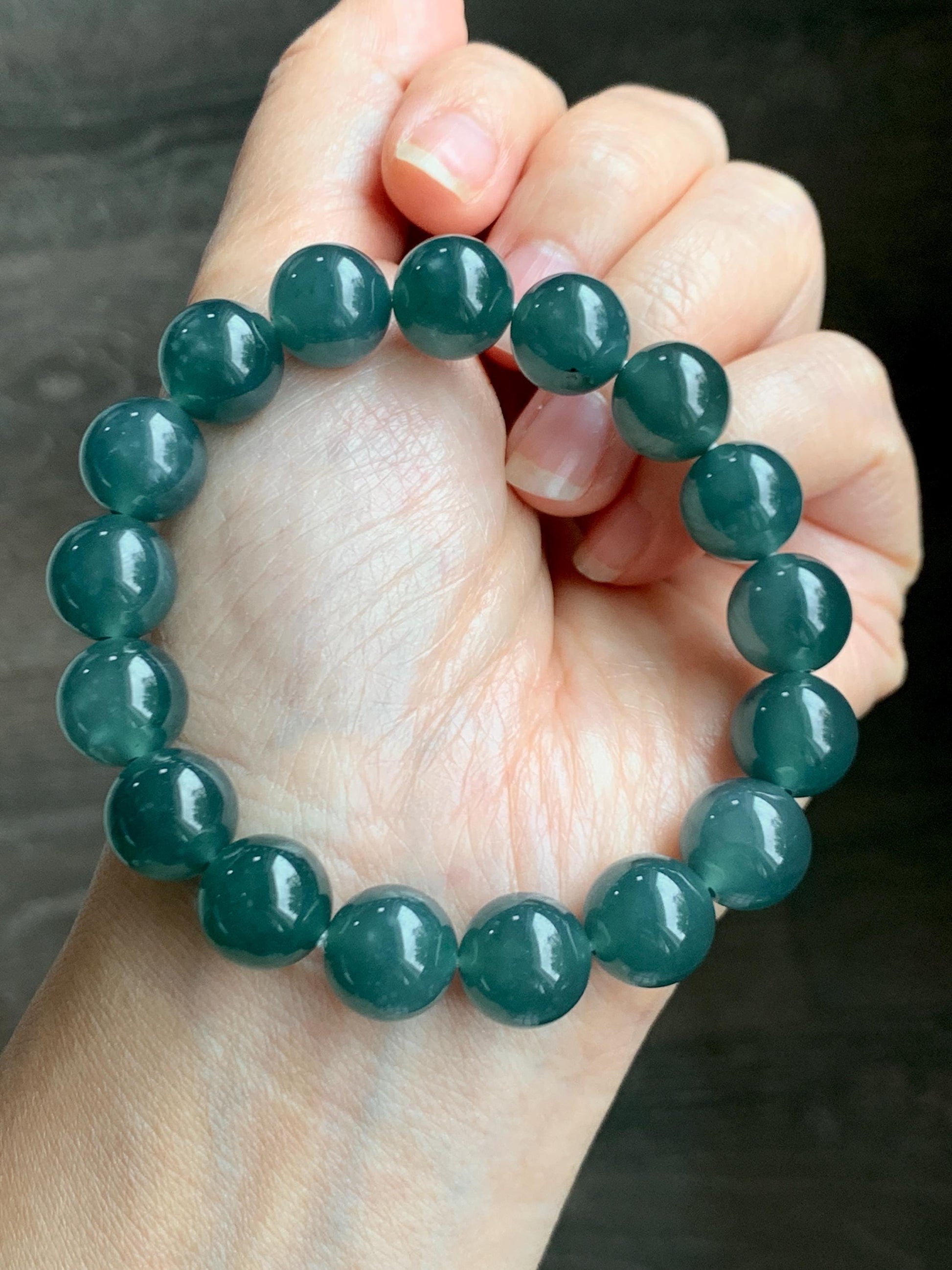 Natural Grade A Guatemalan Icy Translucent Dark Teal Green Jade Jadeite Large Beads Beaded Bracelet 11.9mm 7.5” 49g 天然冰危深蓝绿翡翠圆珠手串 SWL498B