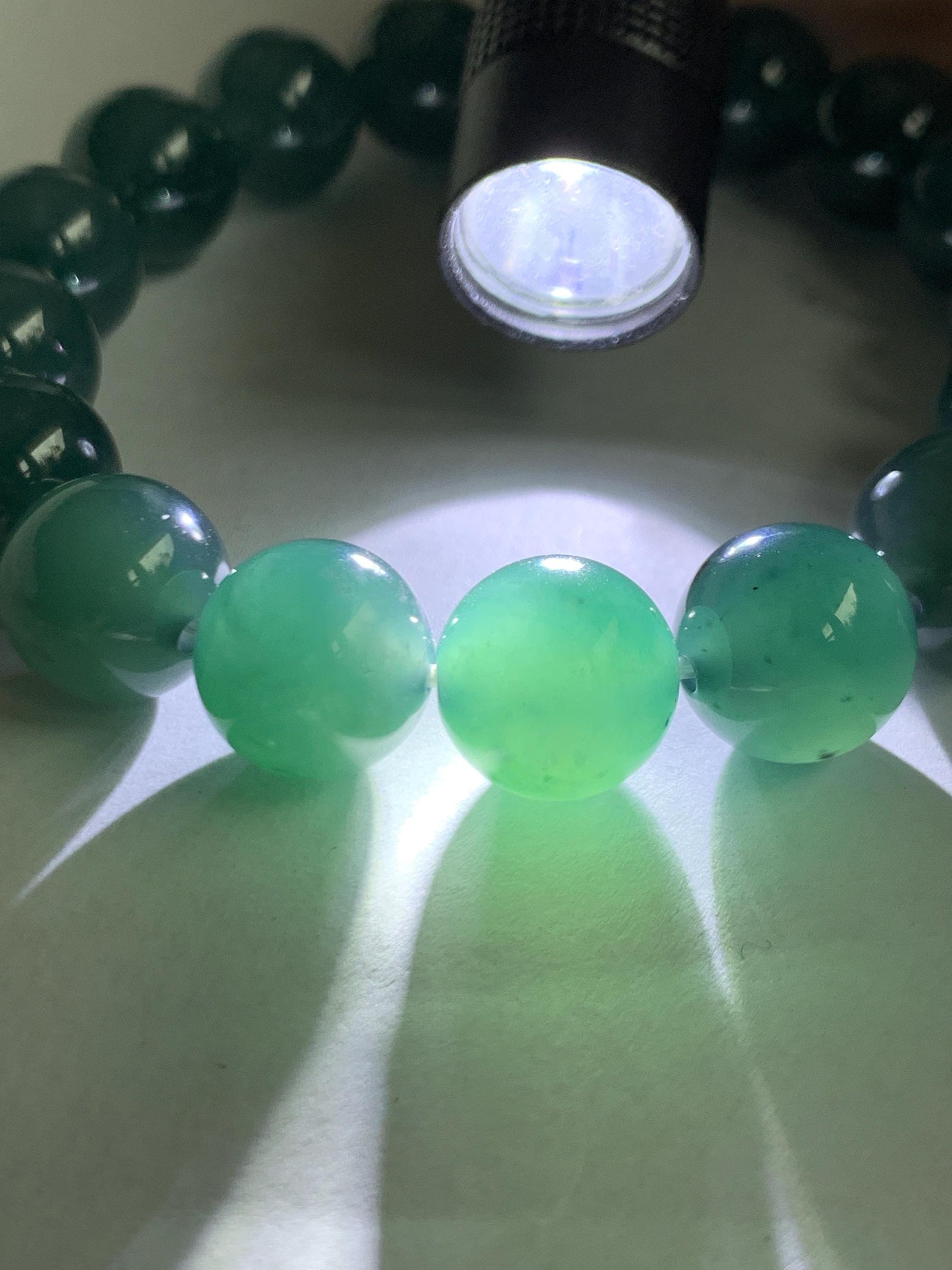 Natural Grade A Guatemalan Icy Translucent Dark Teal Green Jade Jadeite Large Beads Beaded Bracelet 11.9mm 7.5” 49g 天然冰危深蓝绿翡翠圆珠手串 SWL498B