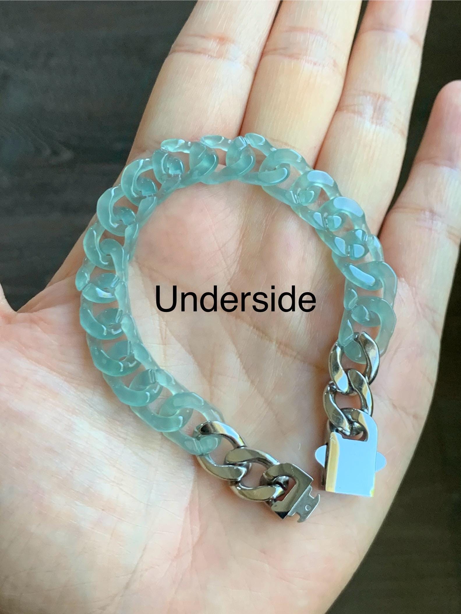 Certified Natural Grade A Guatemalan Icy Translucent Light Teal Jade Jadeite Curb Chain Bracelet Stainless Steel 7” 天然冰胶危浅蓝绿翡翠古巴链手链 735
