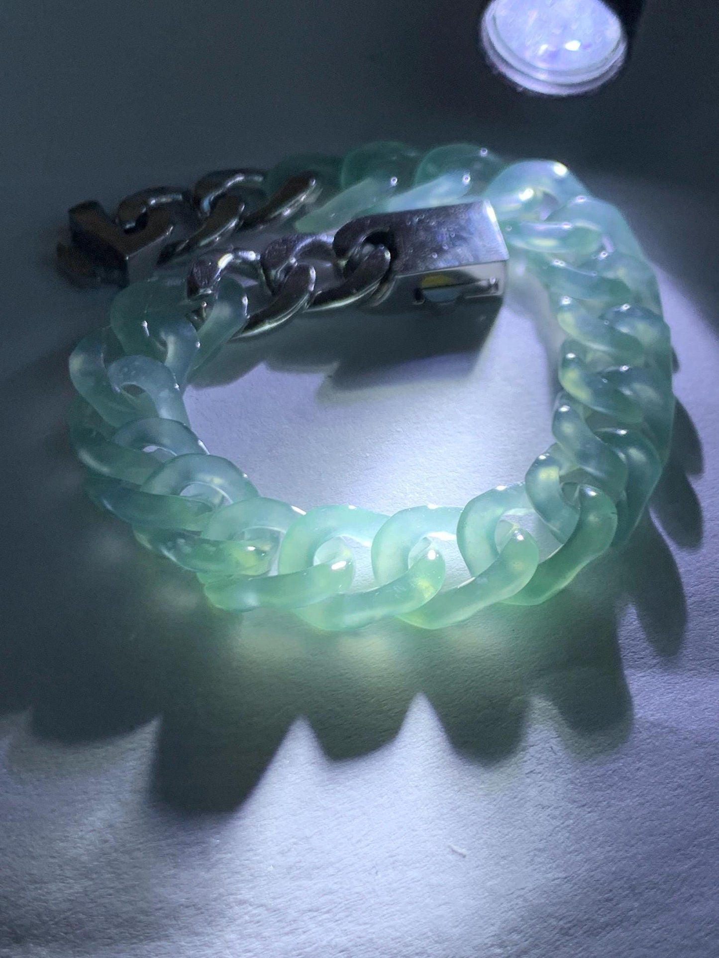 Certified Natural Grade A Guatemalan Icy Translucent Light Teal Jade Jadeite Curb Chain Bracelet Stainless Steel 7” 天然冰胶危浅蓝绿翡翠古巴链手链 735
