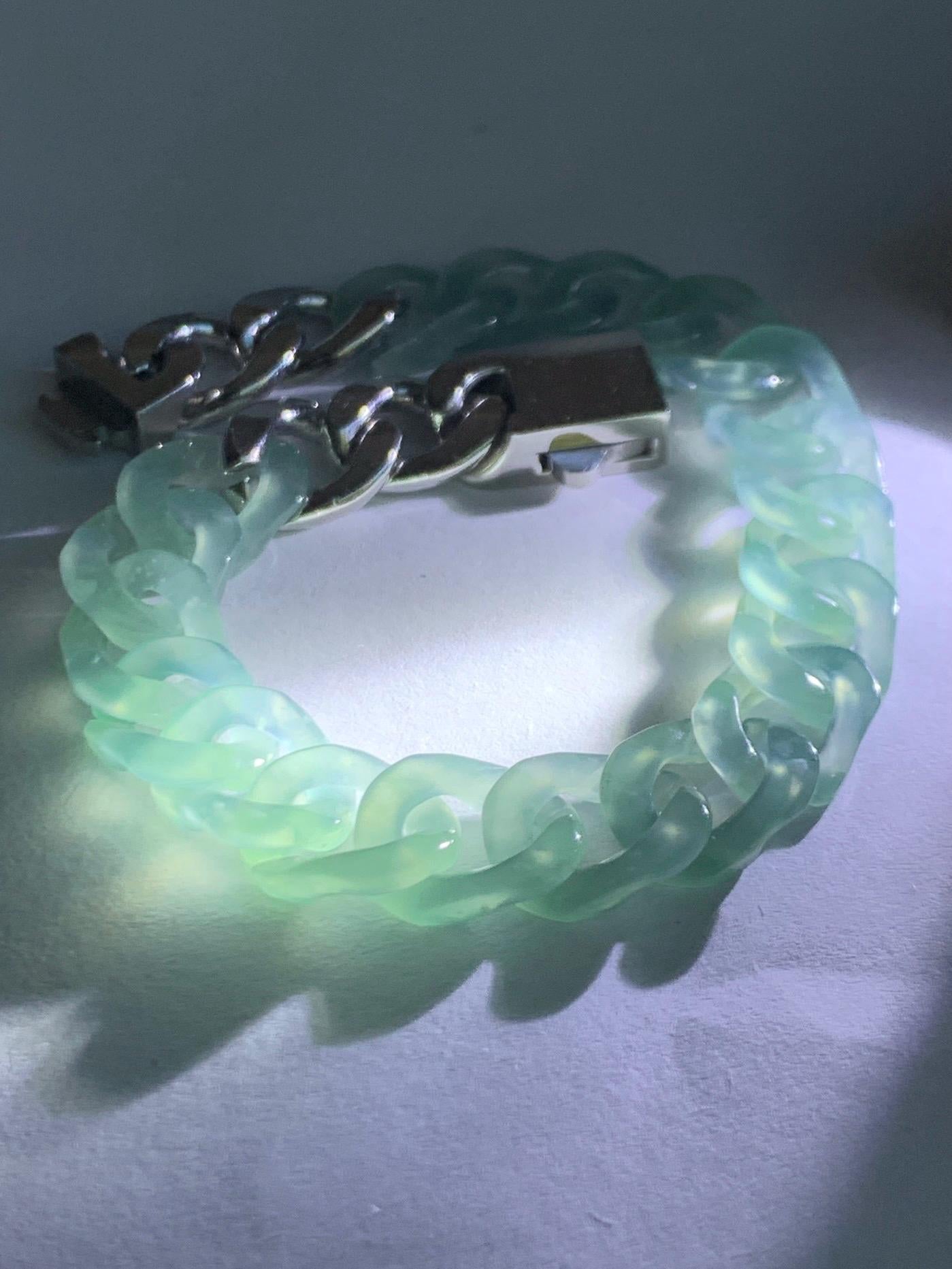 Certified Natural Grade A Guatemalan Icy Translucent Light Teal Jade Jadeite Curb Chain Bracelet Stainless Steel 7” 天然冰胶危浅蓝绿翡翠古巴链手链 735