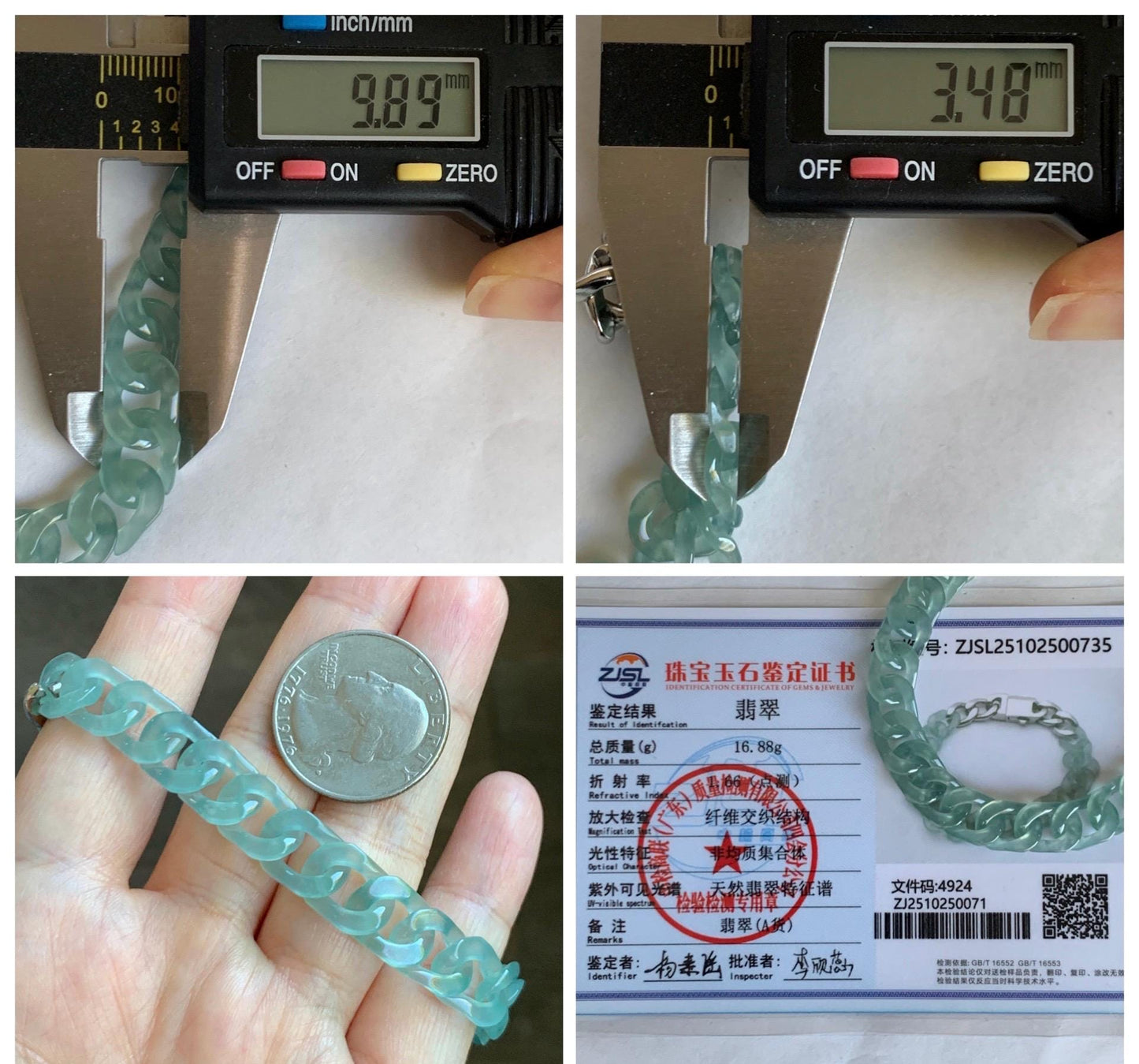 Certified Natural Grade A Guatemalan Icy Translucent Light Teal Jade Jadeite Curb Chain Bracelet Stainless Steel 7” 天然冰胶危浅蓝绿翡翠古巴链手链 735