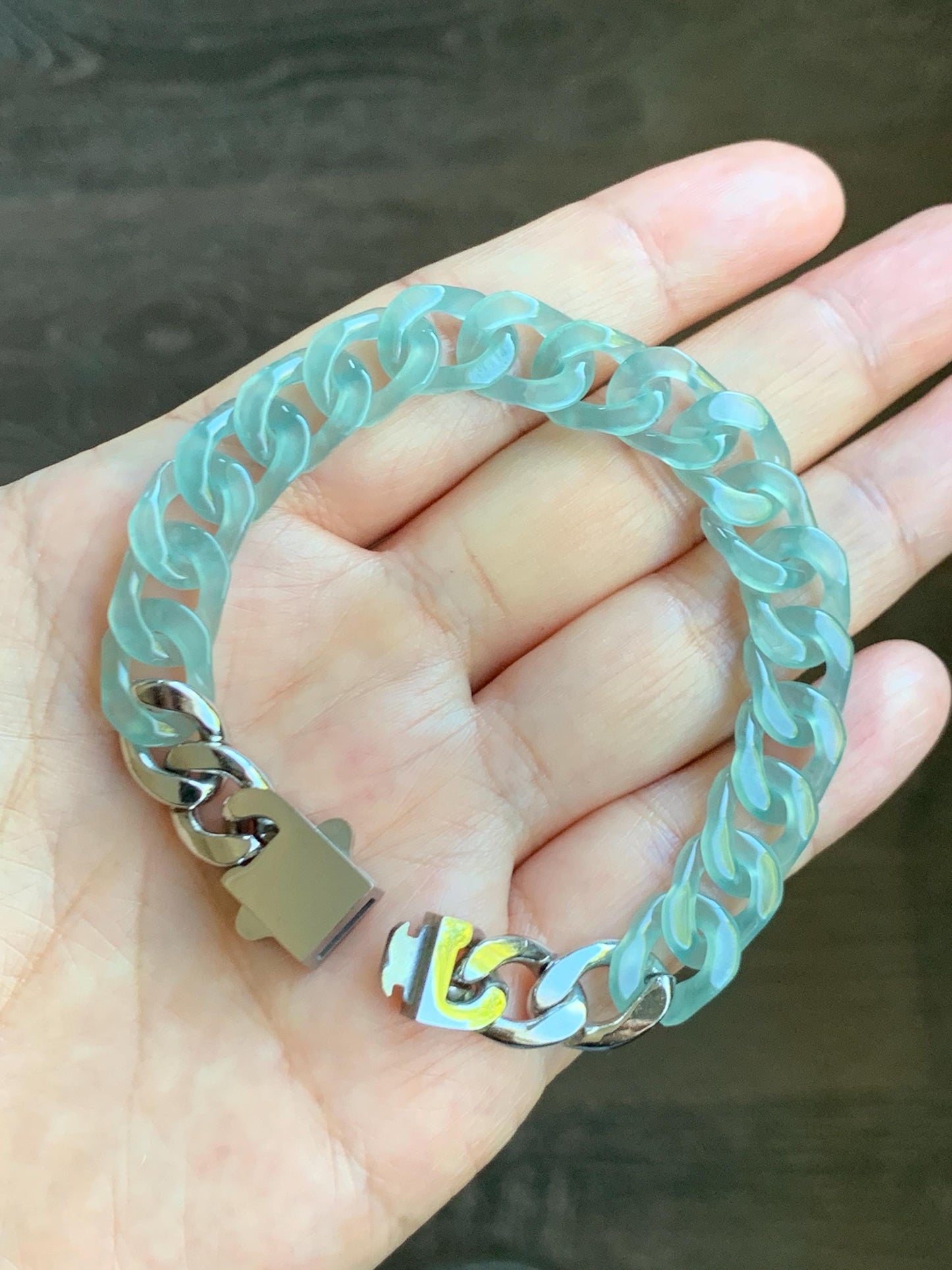 Certified Natural Grade A Guatemalan Icy Translucent Light Teal Jade Jadeite Curb Chain Bracelet Stainless Steel 7” 天然冰胶危浅蓝绿翡翠古巴链手链 735