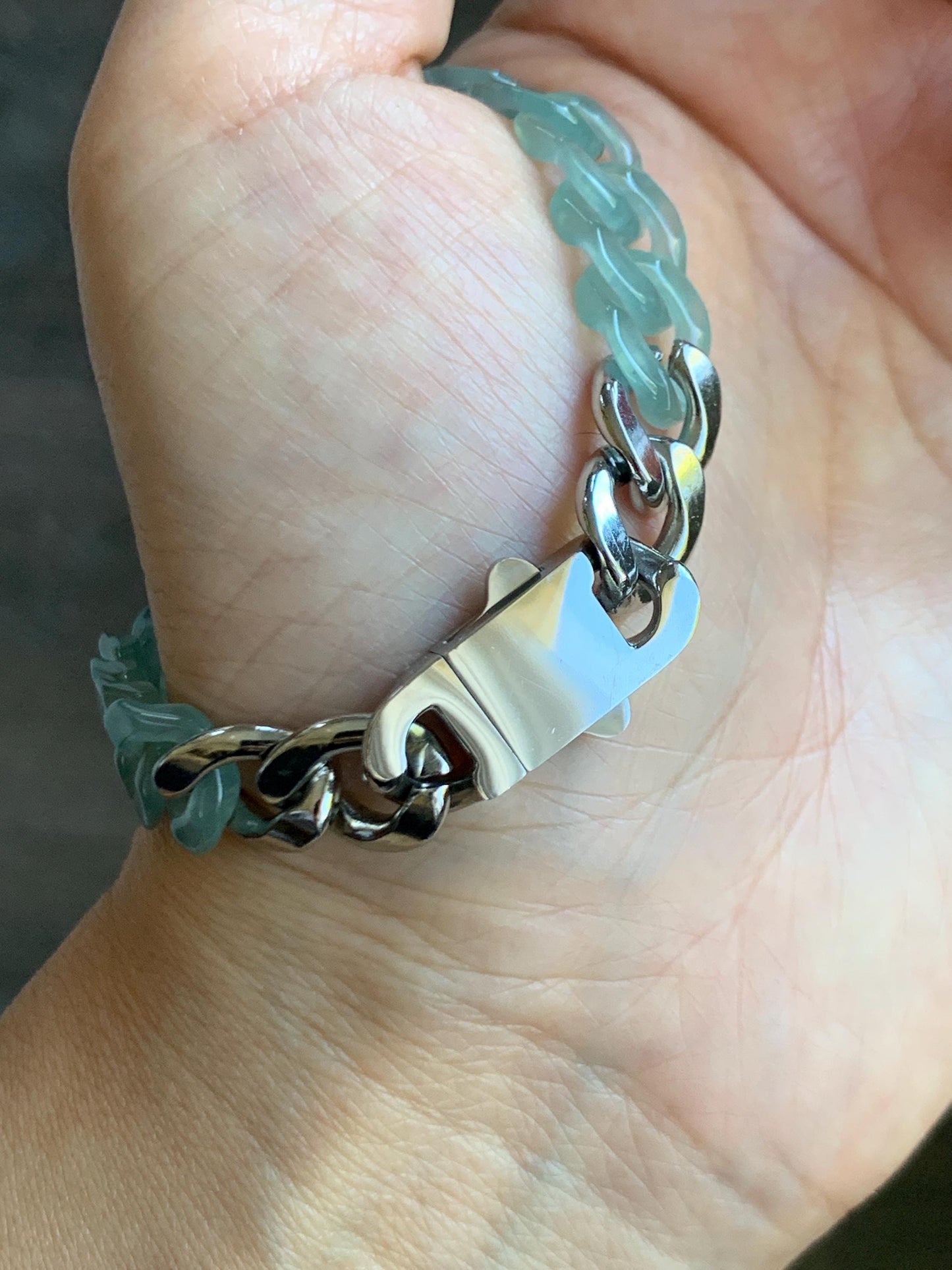 Certified Natural Grade A Guatemalan Icy Translucent Light Teal Jade Jadeite Curb Chain Bracelet Stainless Steel 7” 天然冰胶危浅蓝绿翡翠古巴链手链 735