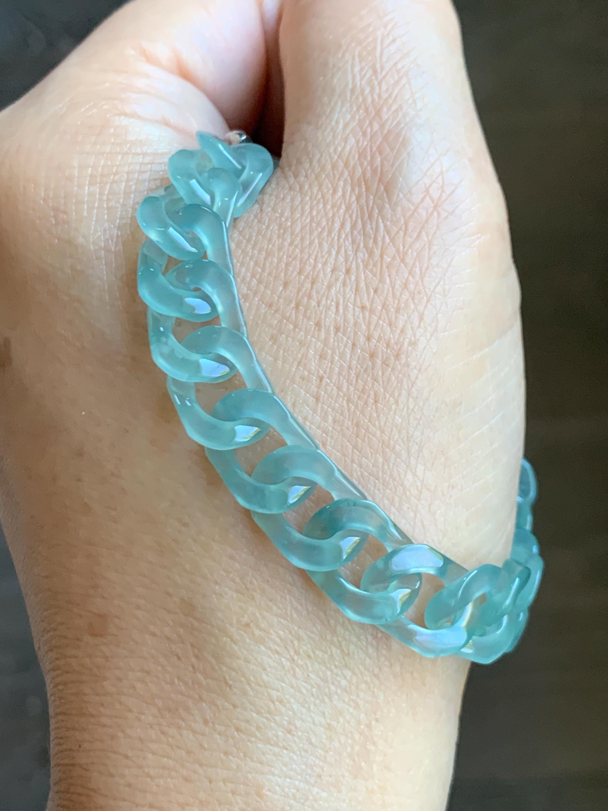 Certified Natural Grade A Guatemalan Icy Translucent Light Teal Jade Jadeite Curb Chain Bracelet Stainless Steel 7” 天然冰胶危浅蓝绿翡翠古巴链手链 735