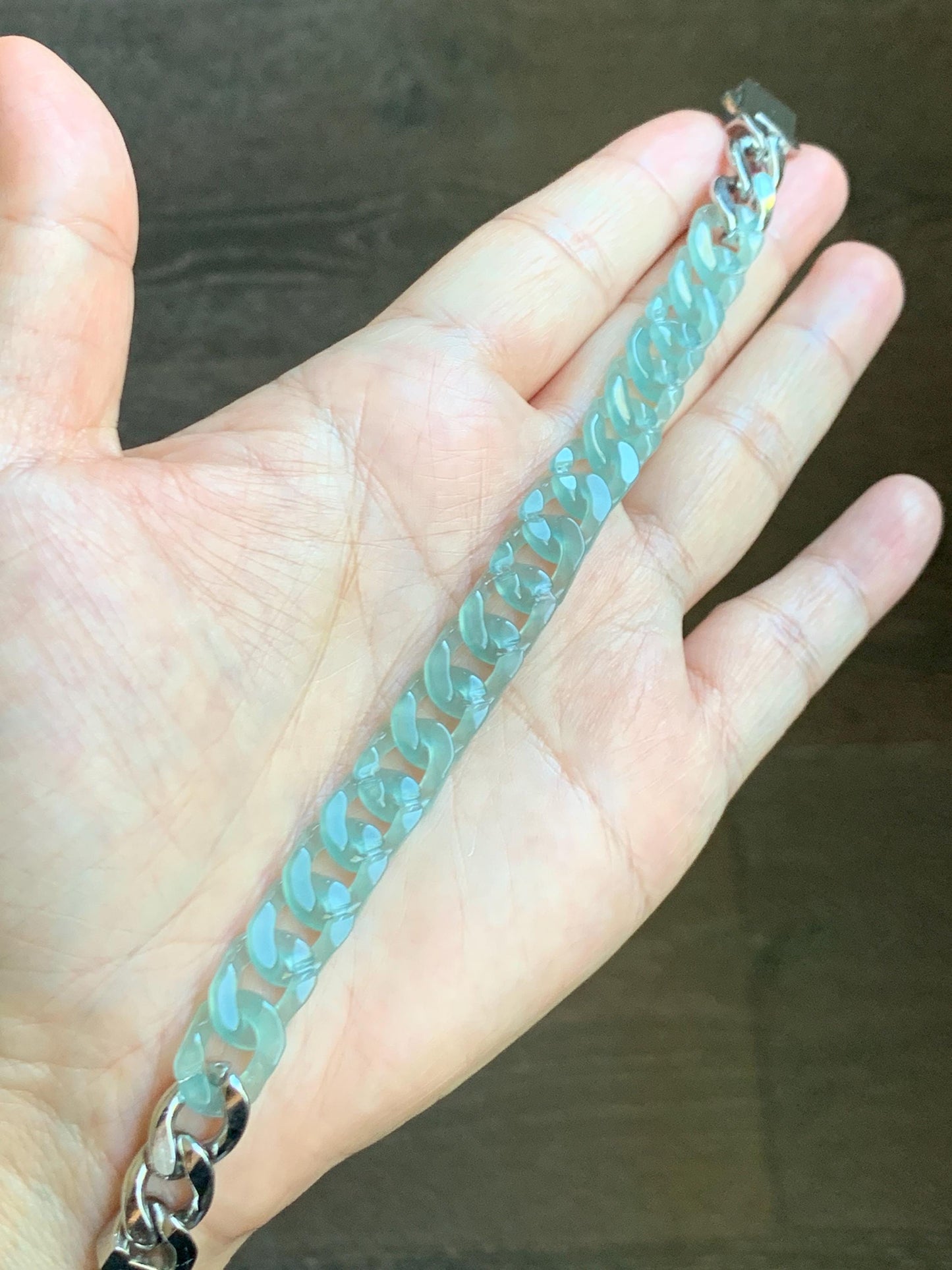 Certified Natural Grade A Guatemalan Icy Translucent Light Teal Jade Jadeite Curb Chain Bracelet Stainless Steel 7” 天然冰胶危浅蓝绿翡翠古巴链手链 735