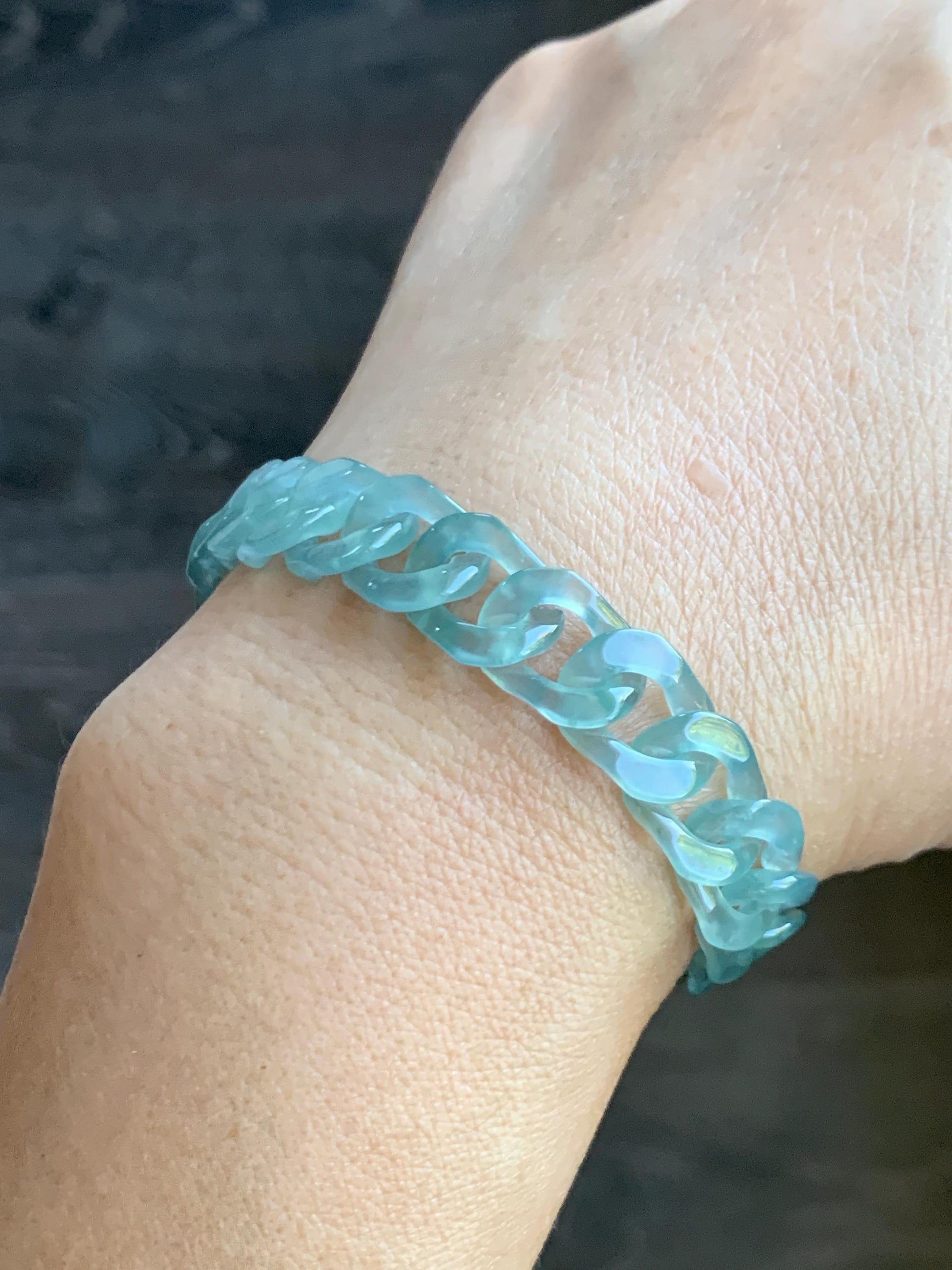 Certified Natural Grade A Guatemalan Icy Translucent Light Teal Jade Jadeite Curb Chain Bracelet Stainless Steel 7” 天然冰胶危浅蓝绿翡翠古巴链手链 735