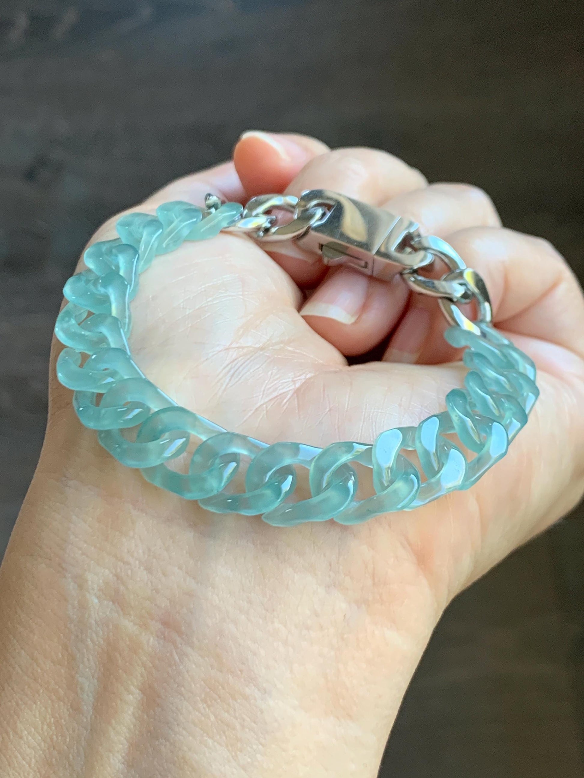 Certified Natural Grade A Guatemalan Icy Translucent Light Teal Jade Jadeite Curb Chain Bracelet Stainless Steel 7” 天然冰胶危浅蓝绿翡翠古巴链手链 735