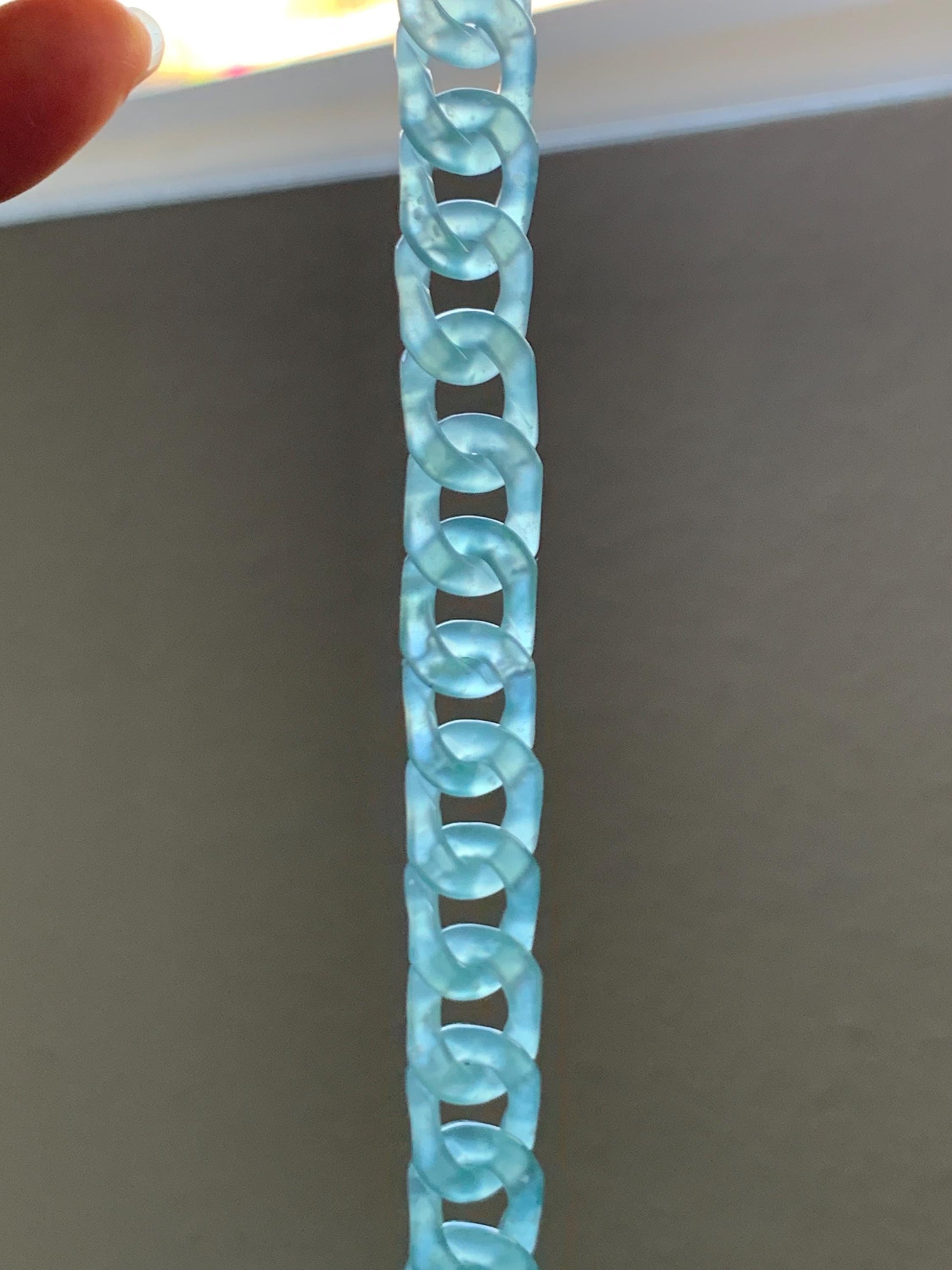 Certified Natural Grade A Guatemalan Icy Translucent Light Teal Jade Jadeite Curb Chain Bracelet Stainless Steel 7” 天然冰胶危浅蓝绿翡翠古巴链手链 735