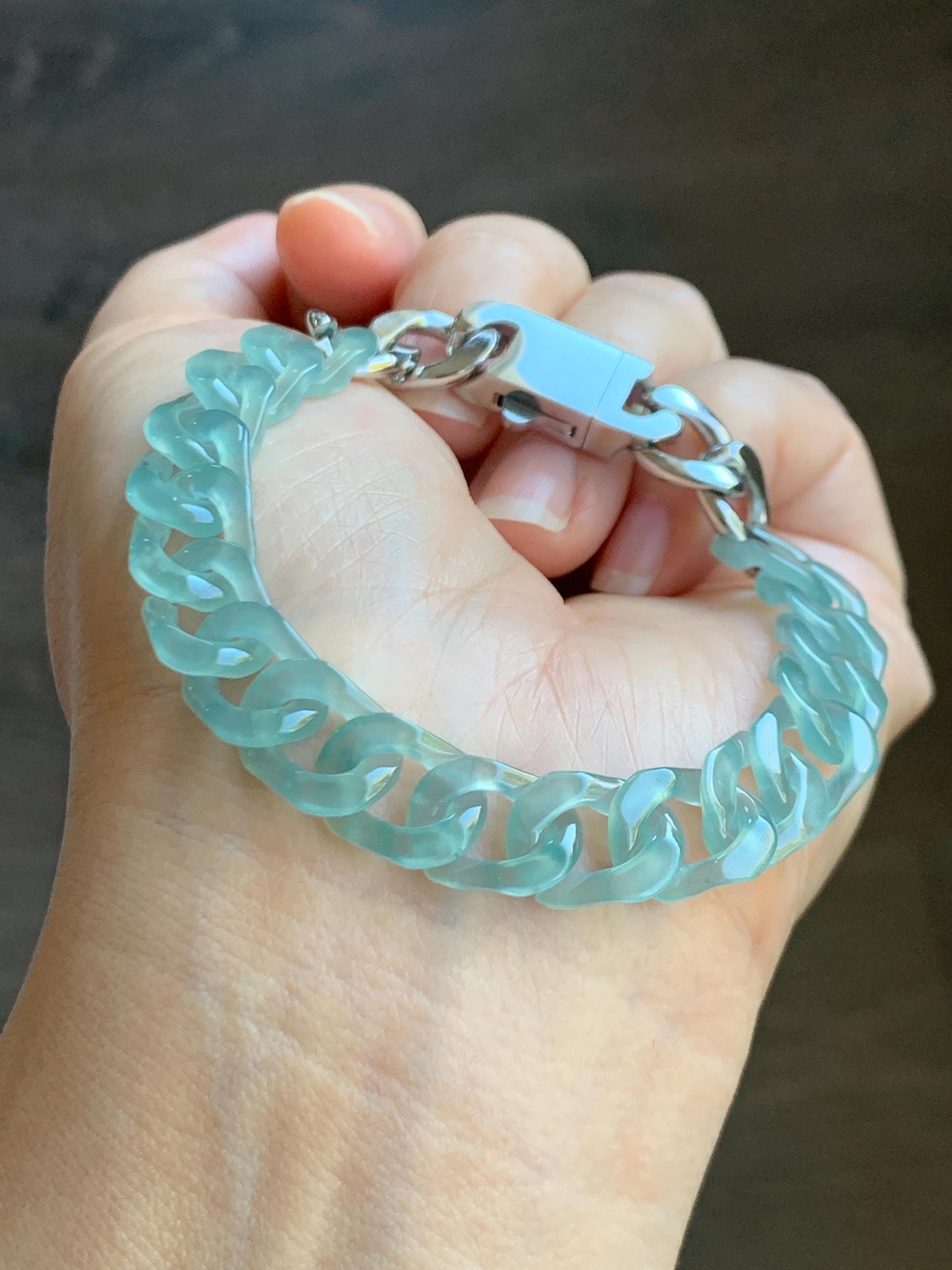 Certified Natural Grade A Guatemalan Icy Translucent Light Teal Jade Jadeite Curb Chain Bracelet Stainless Steel 7” 天然冰胶危浅蓝绿翡翠古巴链手链 735