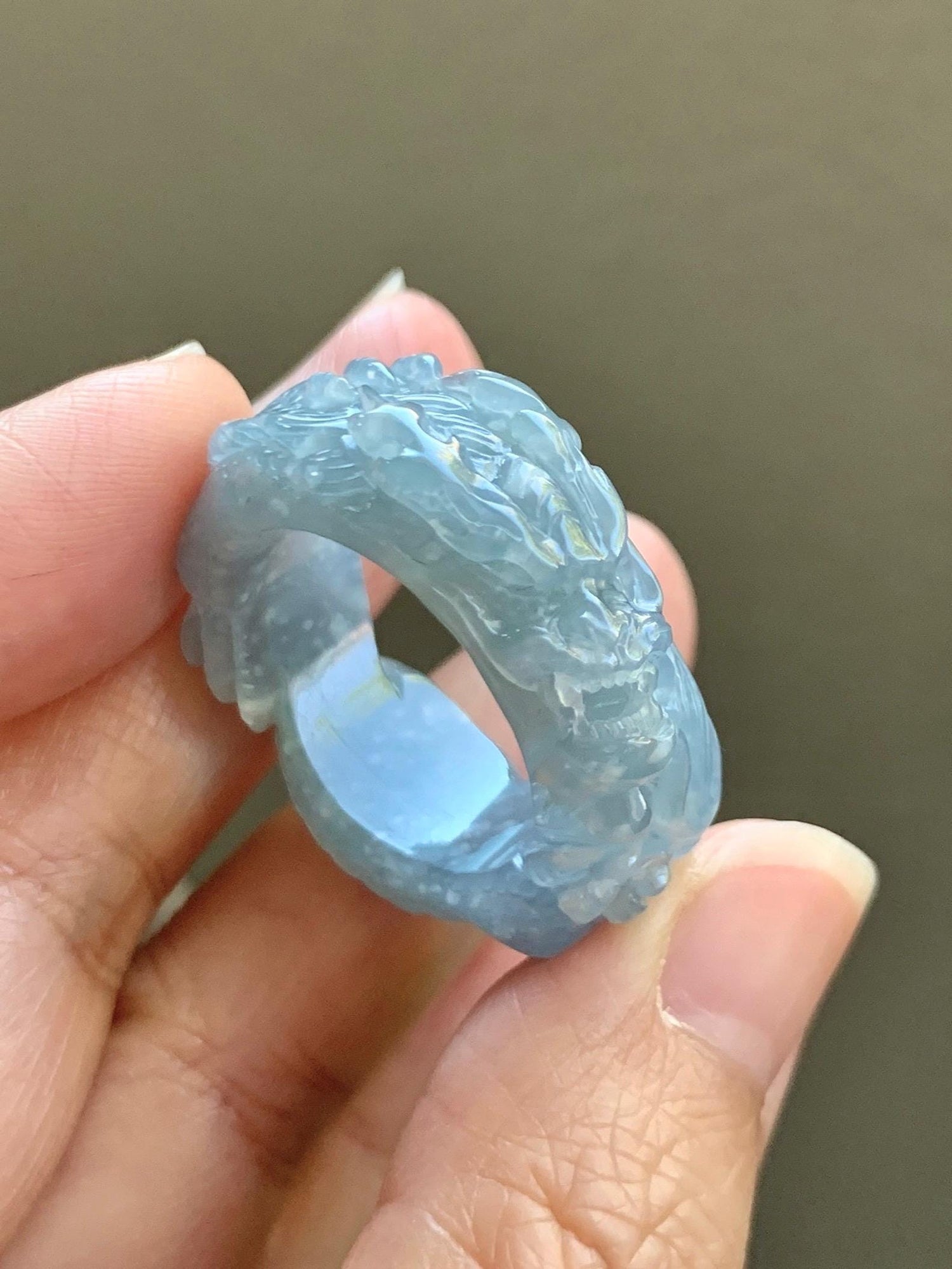 Certified Natural Grade A Guatemalan Icy Translucent Pastel Blue Jade Jadeite Carved Dragon Band Ring sz 11.5 US 12.3g 天然冰胶危蓝紫翡翠盘龙戒圈扳指 274