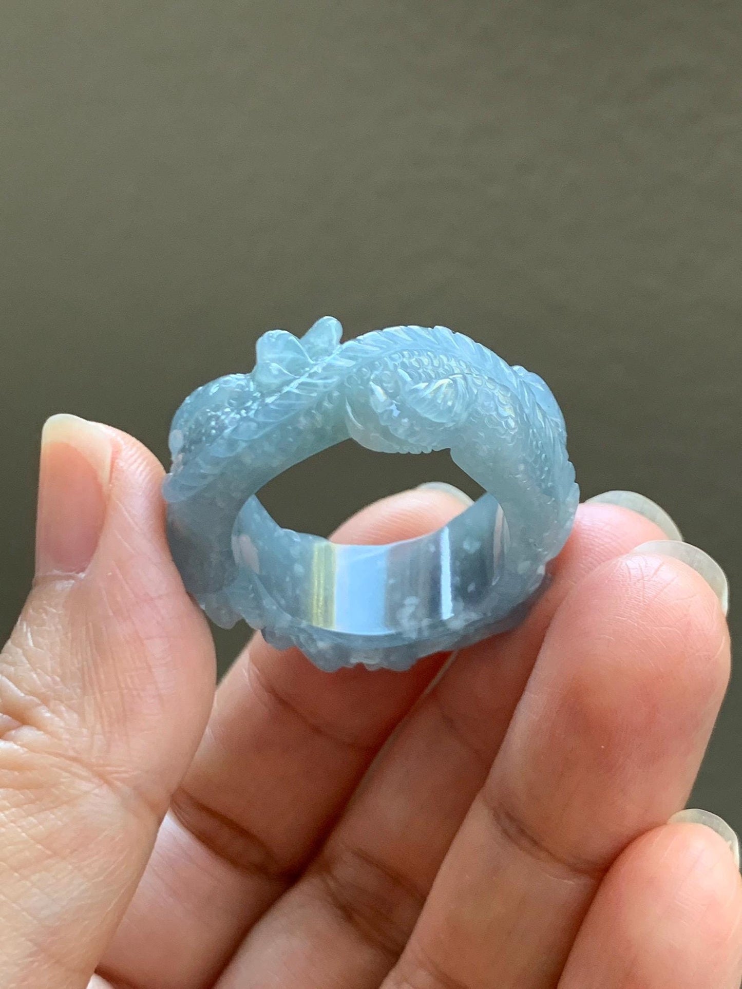 Certified Natural Grade A Guatemalan Icy Translucent Pastel Blue Jade Jadeite Carved Dragon Band Ring sz 11.5 US 12.3g 天然冰胶危蓝紫翡翠盘龙戒圈扳指 274