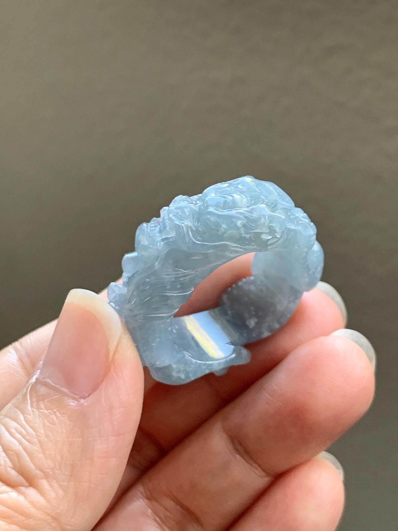 Certified Natural Grade A Guatemalan Icy Translucent Pastel Blue Jade Jadeite Carved Dragon Band Ring sz 11.5 US 12.3g 天然冰胶危蓝紫翡翠盘龙戒圈扳指 274