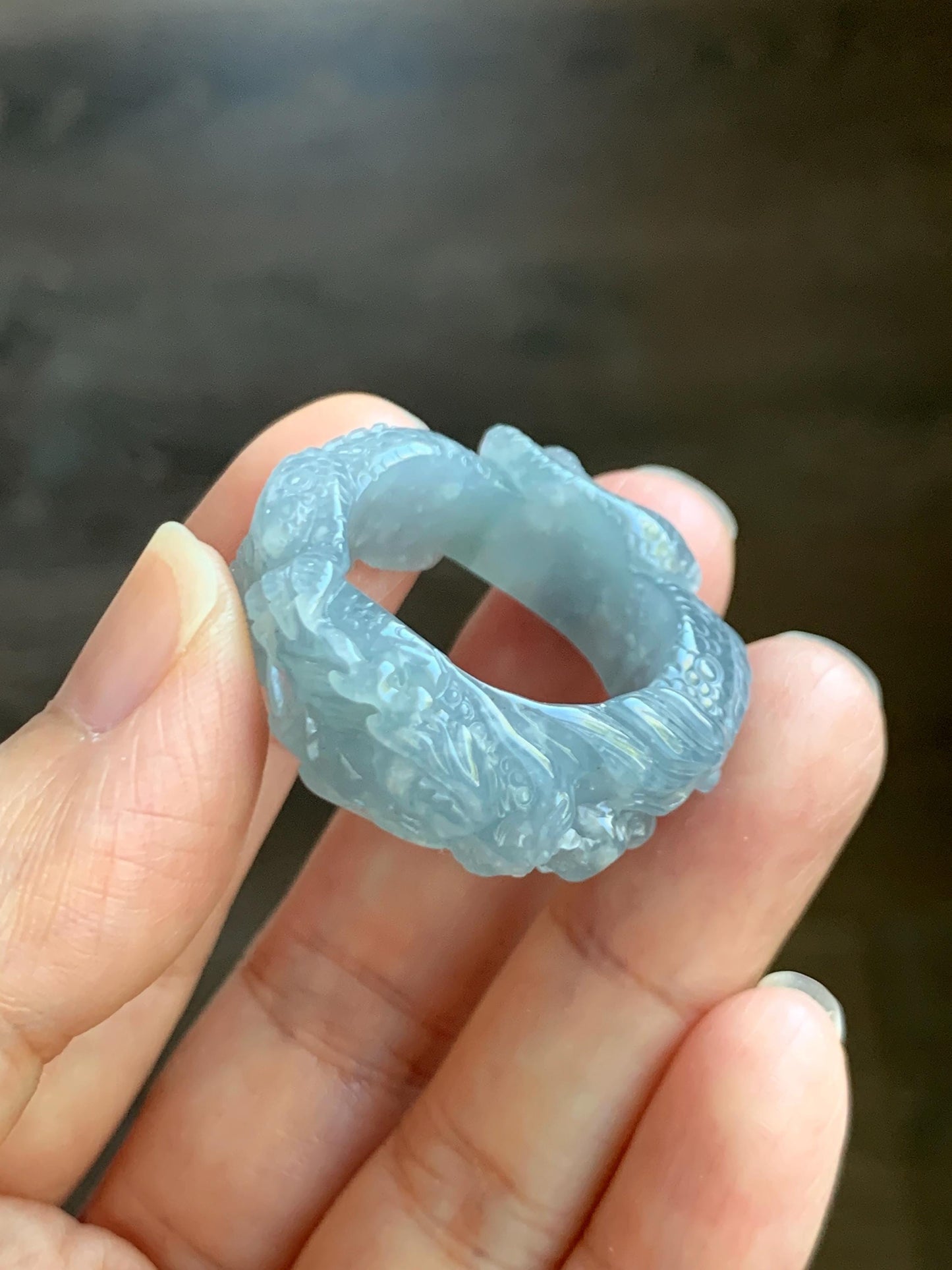 Certified Natural Grade A Guatemalan Icy Translucent Pastel Blue Jade Jadeite Carved Dragon Band Ring sz 11.5 US 12.3g 天然冰胶危蓝紫翡翠盘龙戒圈扳指 274