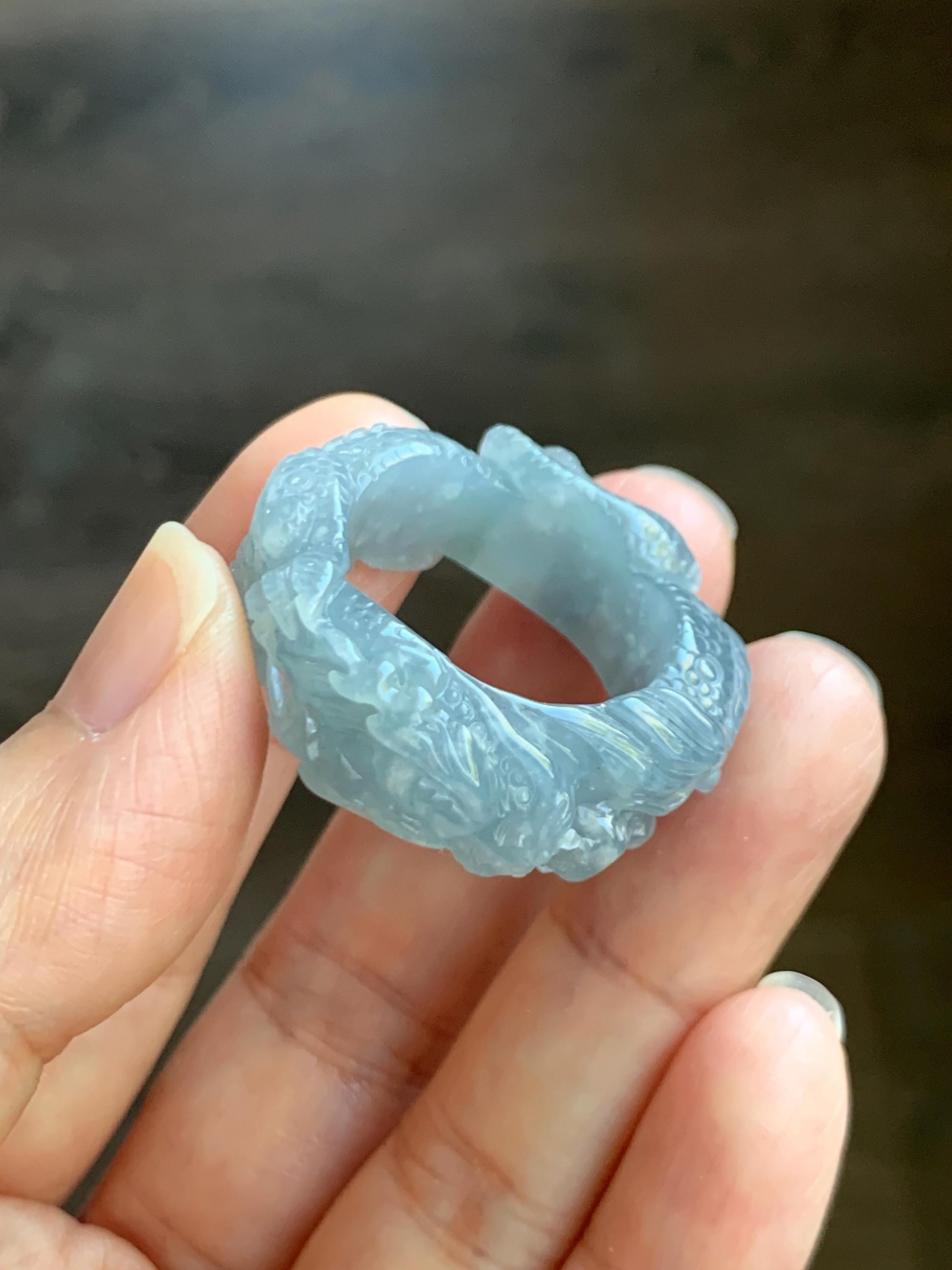 Certified Natural Grade A Guatemalan Icy Translucent Pastel Blue Jade Jadeite Carved Dragon Band Ring sz 11.5 US 12.3g 天然冰胶危蓝紫翡翠盘龙戒圈扳指 274