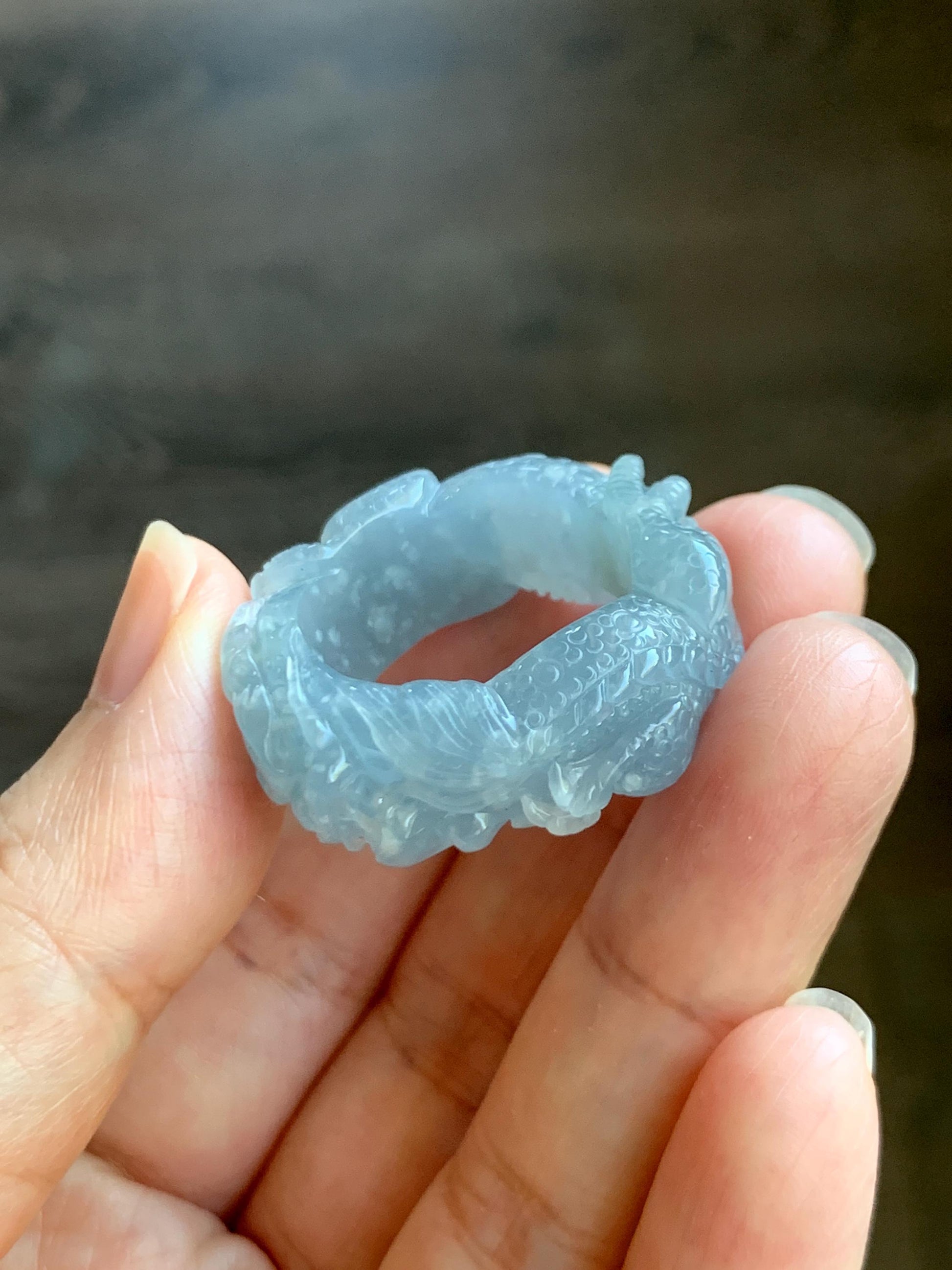 Certified Natural Grade A Guatemalan Icy Translucent Pastel Blue Jade Jadeite Carved Dragon Band Ring sz 11.5 US 12.3g 天然冰胶危蓝紫翡翠盘龙戒圈扳指 274