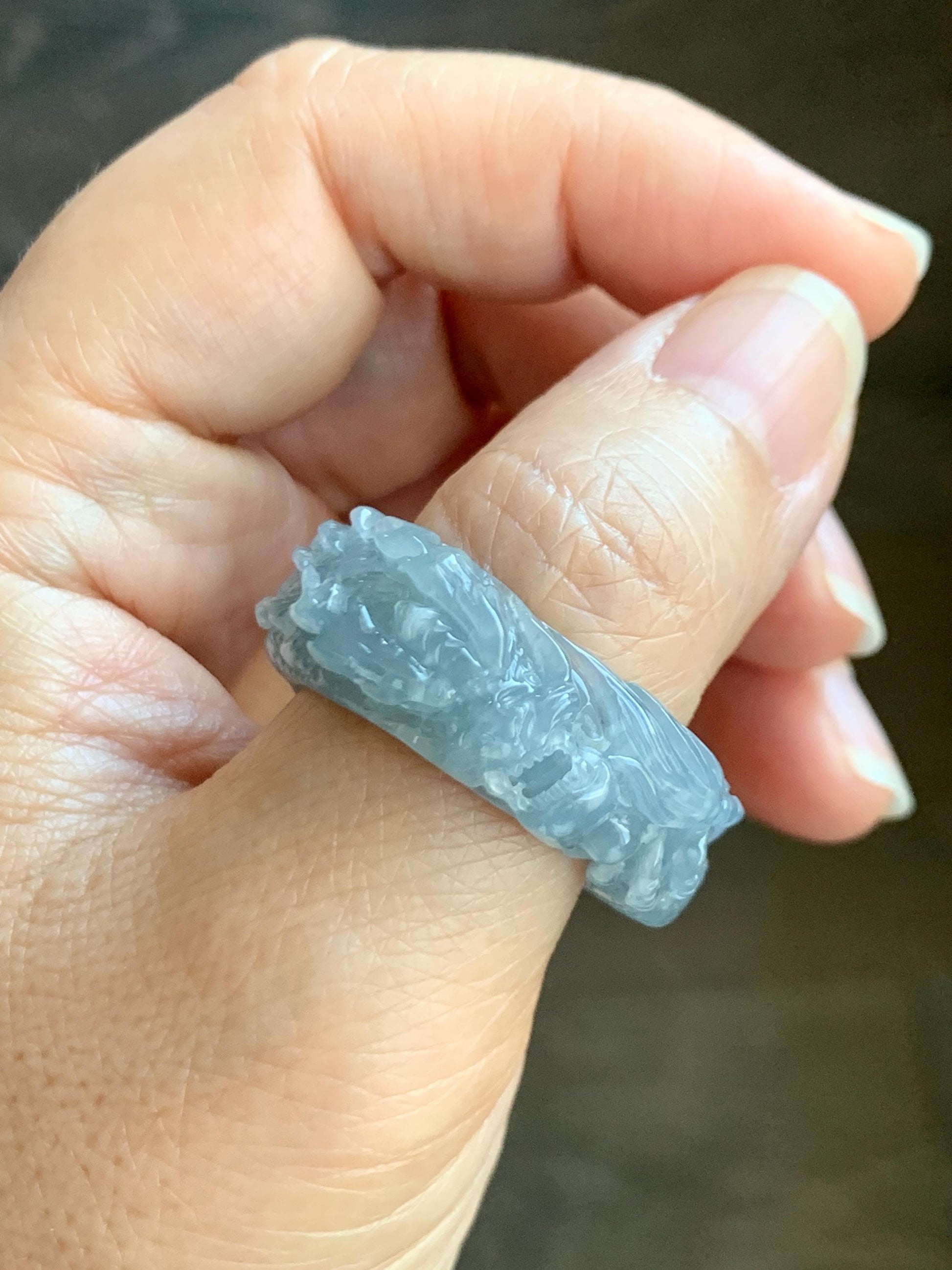 Certified Natural Grade A Guatemalan Icy Translucent Pastel Blue Jade Jadeite Carved Dragon Band Ring sz 11.5 US 12.3g 天然冰胶危蓝紫翡翠盘龙戒圈扳指 274