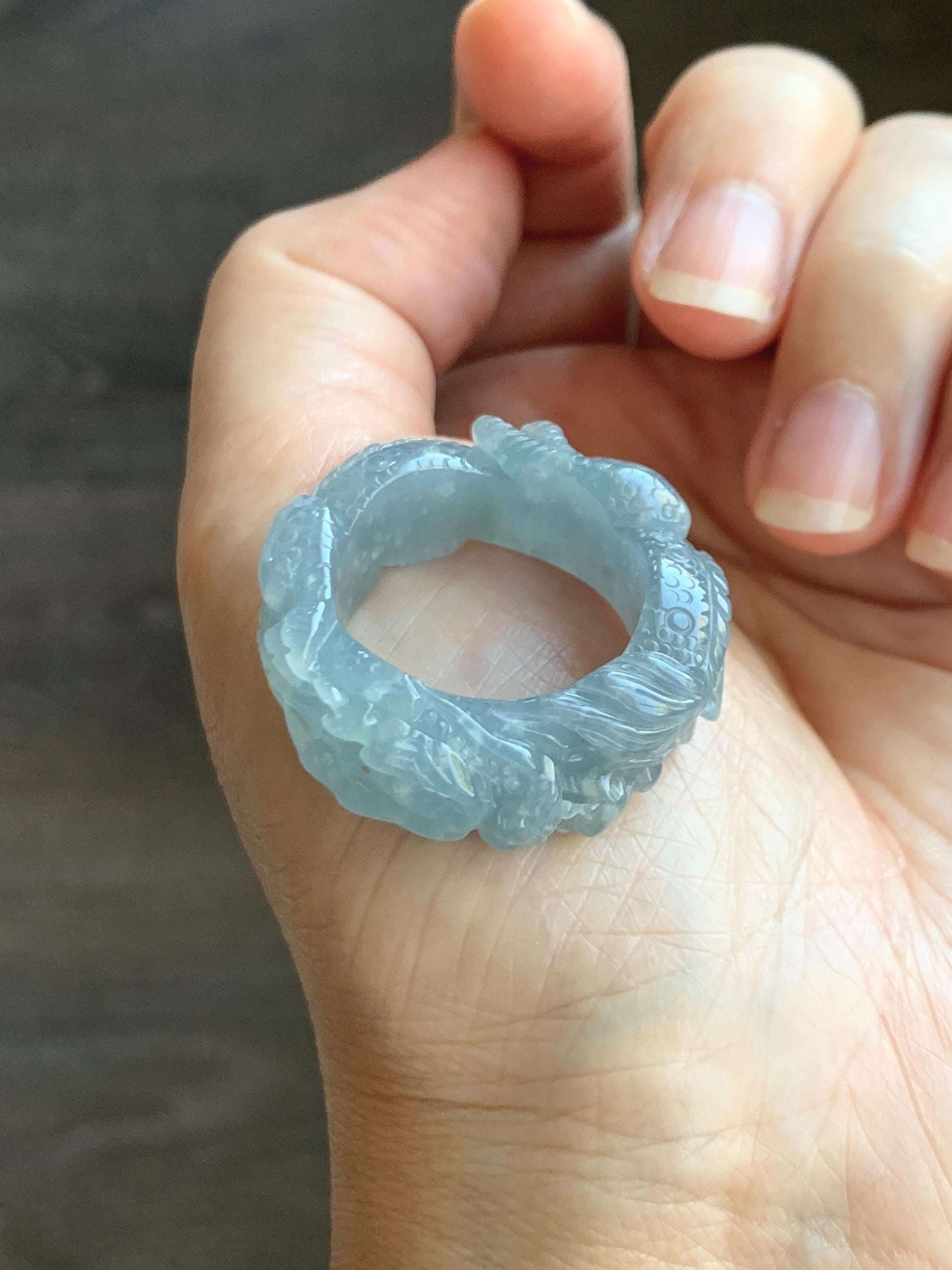 Certified Natural Grade A Guatemalan Icy Translucent Pastel Blue Jade Jadeite Carved Dragon Band Ring sz 11.5 US 12.3g 天然冰胶危蓝紫翡翠盘龙戒圈扳指 274