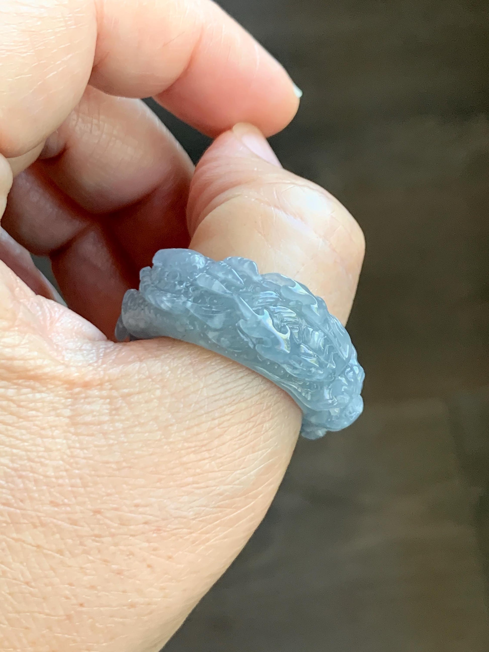 Certified Natural Grade A Guatemalan Icy Translucent Pastel Blue Jade Jadeite Carved Dragon Band Ring sz 11.5 US 12.3g 天然冰胶危蓝紫翡翠盘龙戒圈扳指 274