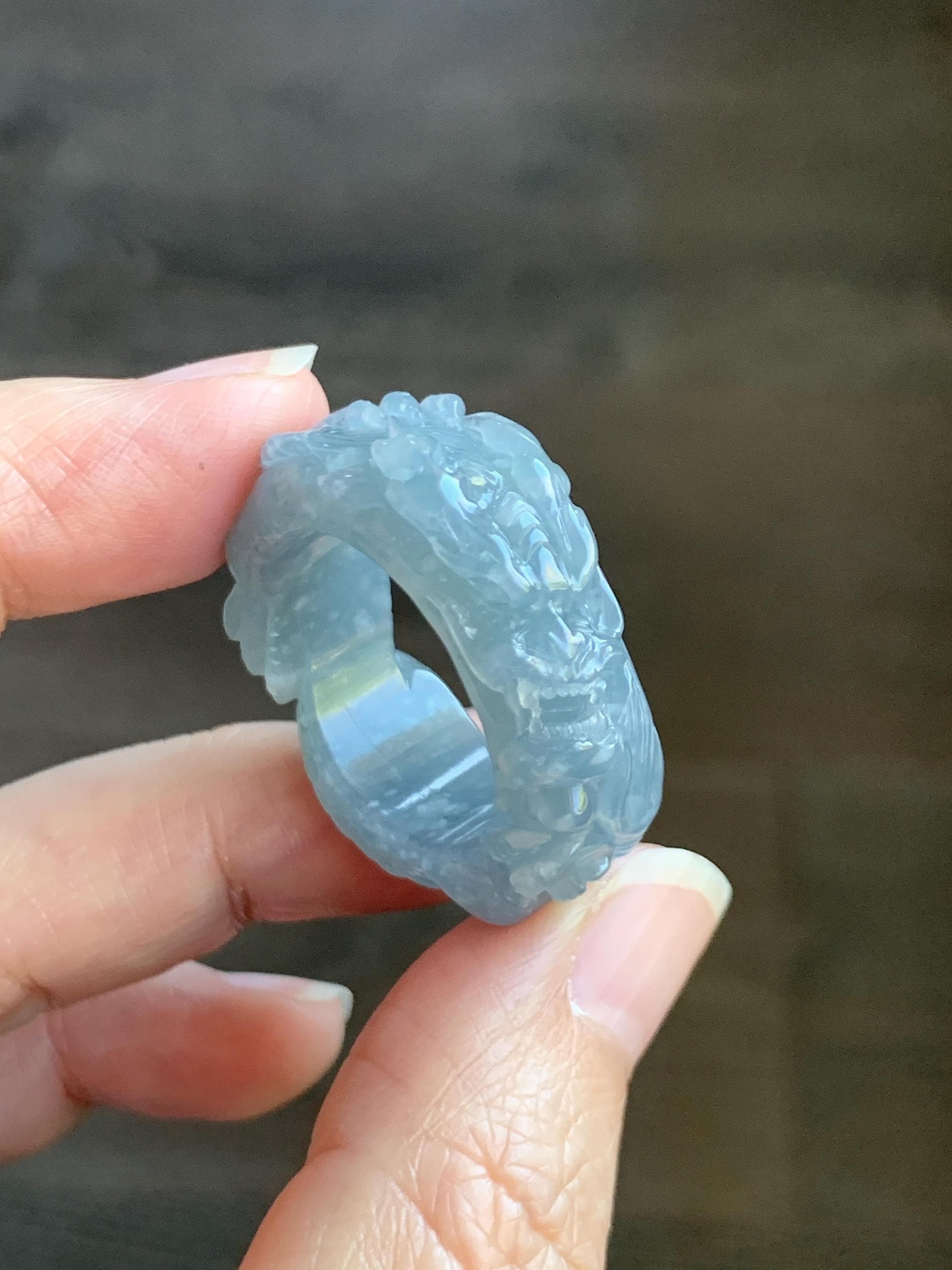 Certified Natural Grade A Guatemalan Icy Translucent Pastel Blue Jade Jadeite Carved Dragon Band Ring sz 11.5 US 12.3g 天然冰胶危蓝紫翡翠盘龙戒圈扳指 274