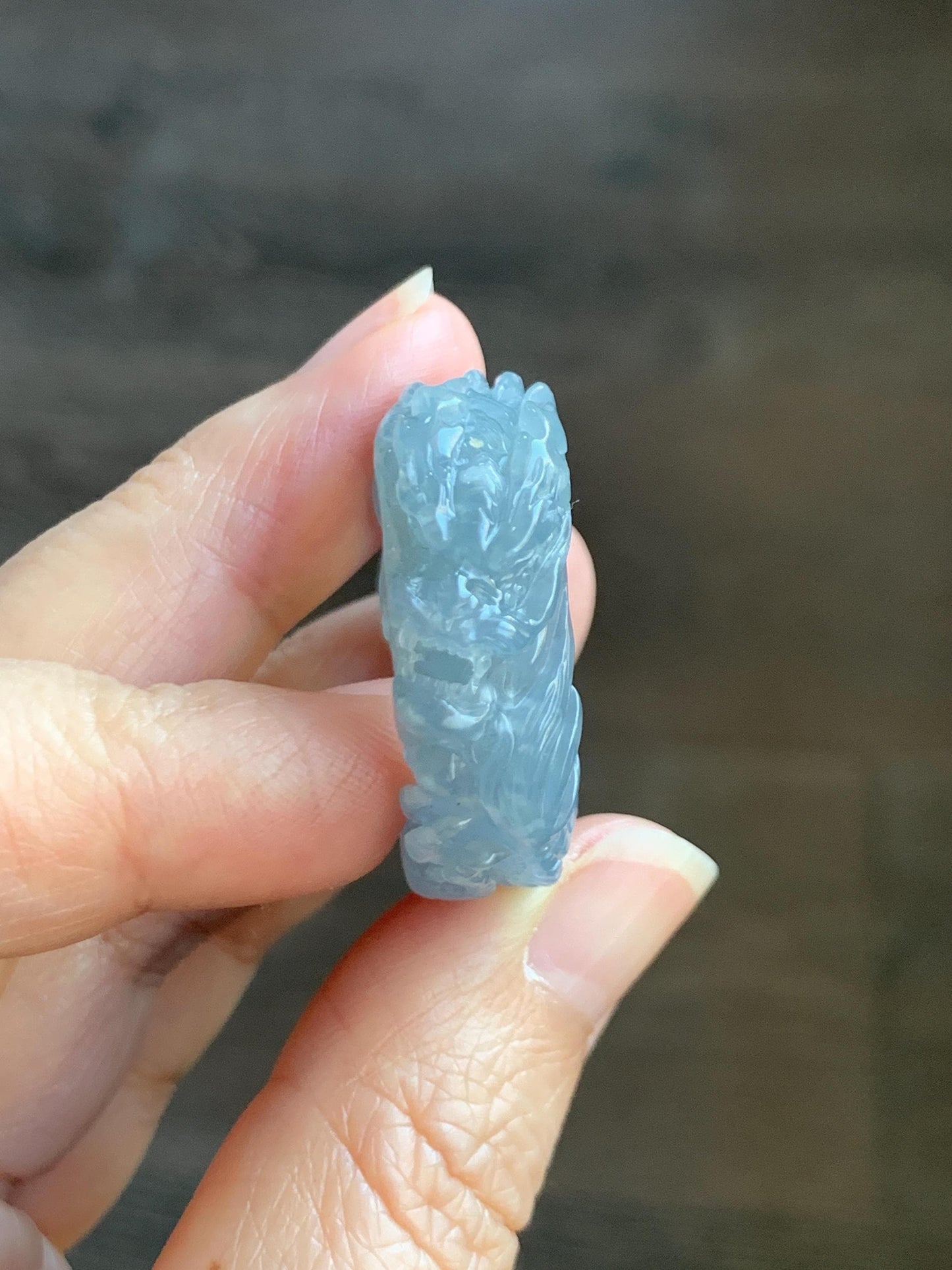Certified Natural Grade A Guatemalan Icy Translucent Pastel Blue Jade Jadeite Carved Dragon Band Ring sz 11.5 US 12.3g 天然冰胶危蓝紫翡翠盘龙戒圈扳指 274