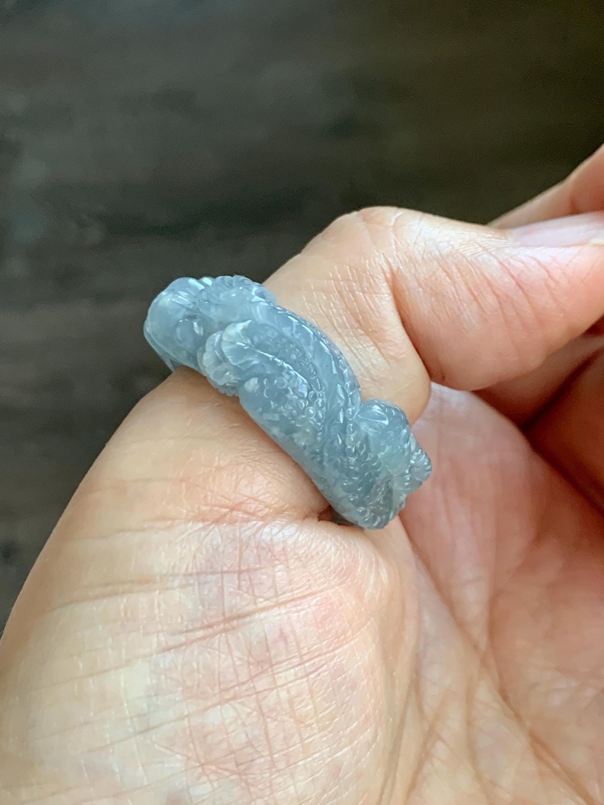 Certified Natural Grade A Guatemalan Icy Translucent Pastel Blue Jade Jadeite Carved Dragon Band Ring sz 11.5 US 12.3g 天然冰胶危蓝紫翡翠盘龙戒圈扳指 274