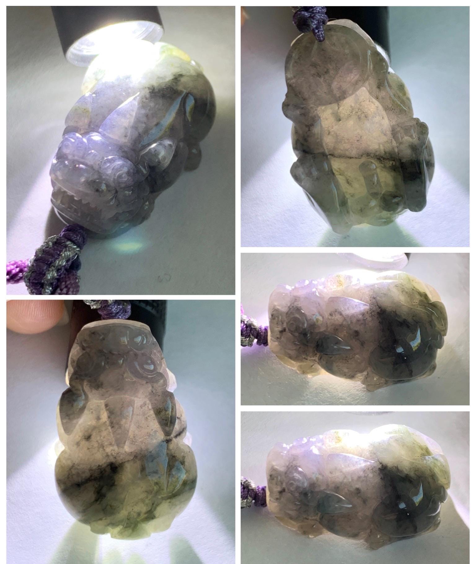 Natural Grade A Icy Translucent Wuji Jadeite w/ Light Purple Undertone Carved Large Pixiu Pendant Rope Necklace 19g 天然厚装冰紫乌鸡翡翠貔貅吊坠 FLP150