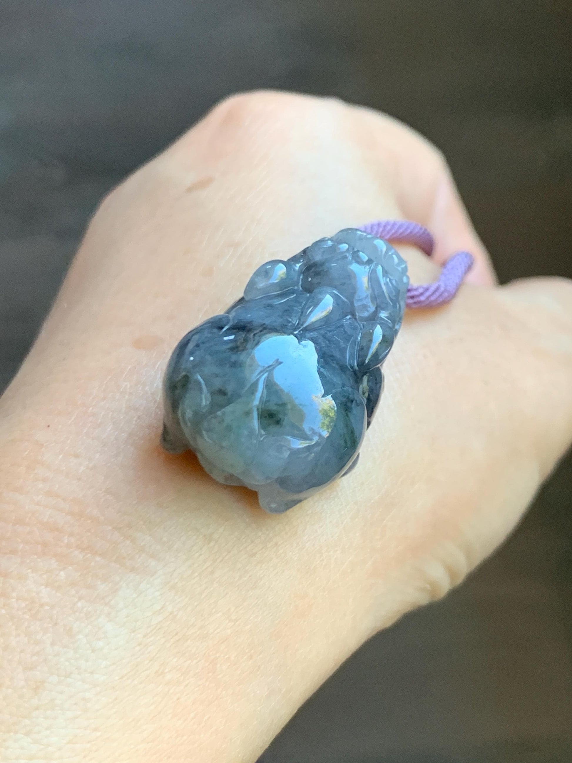 Natural Grade A Icy Translucent Wuji Jadeite w/ Light Purple Undertone Carved Large Pixiu Pendant Rope Necklace 19g 天然厚装冰紫乌鸡翡翠貔貅吊坠 FLP150