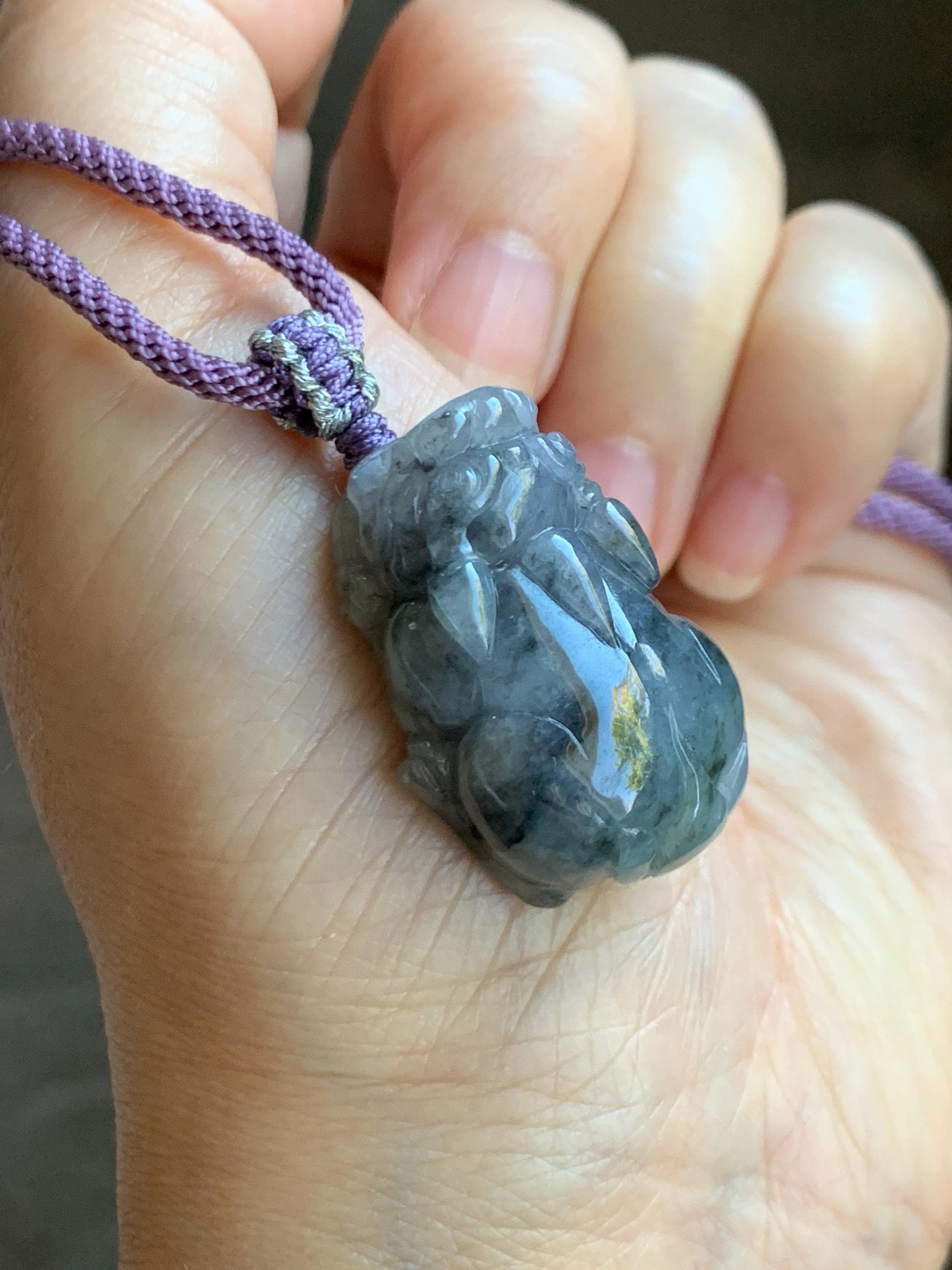 Natural Grade A Icy Translucent Wuji Jadeite w/ Light Purple Undertone Carved Large Pixiu Pendant Rope Necklace 19g 天然厚装冰紫乌鸡翡翠貔貅吊坠 FLP150