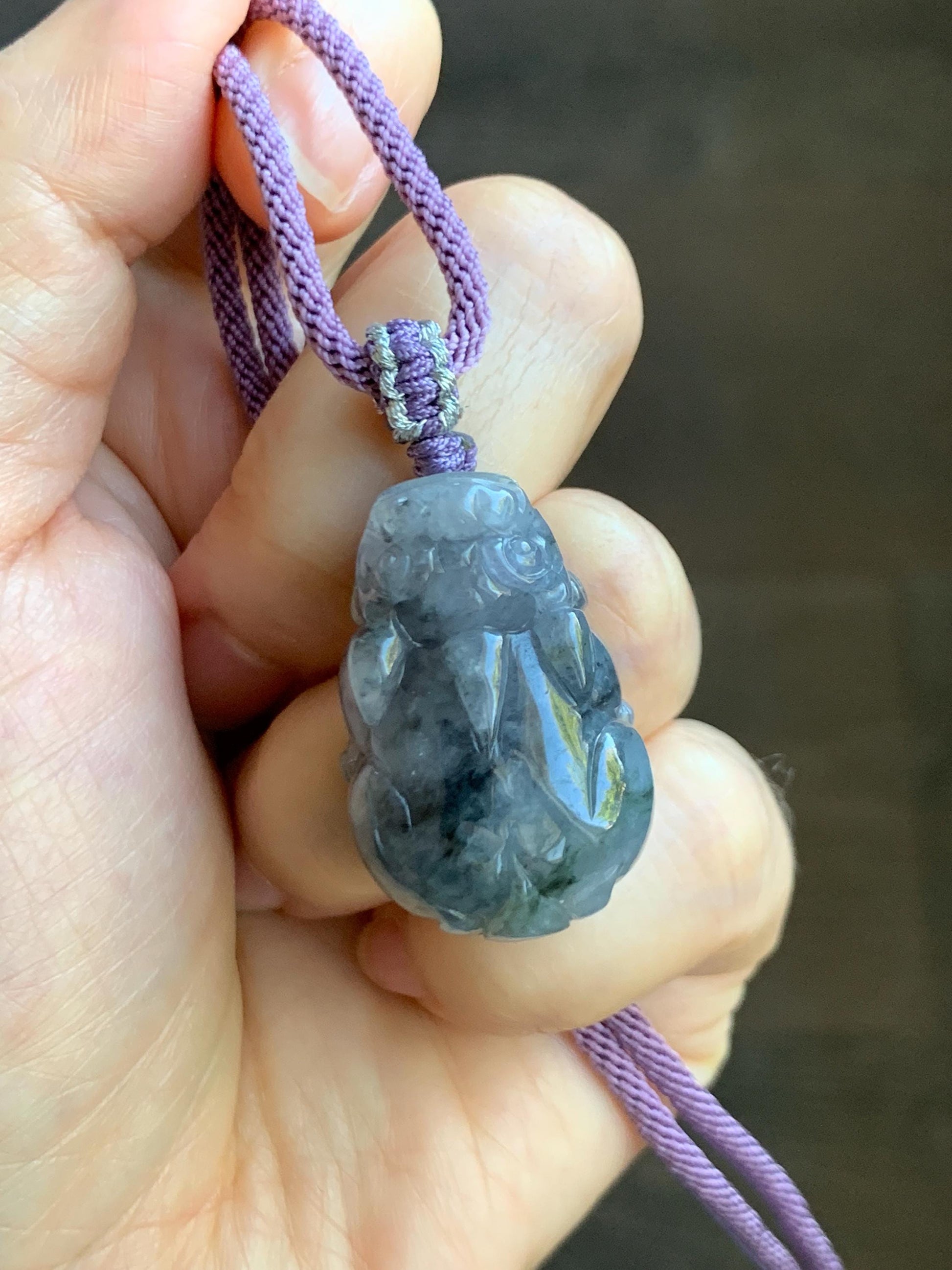Natural Grade A Icy Translucent Wuji Jadeite w/ Light Purple Undertone Carved Large Pixiu Pendant Rope Necklace 19g 天然厚装冰紫乌鸡翡翠貔貅吊坠 FLP150