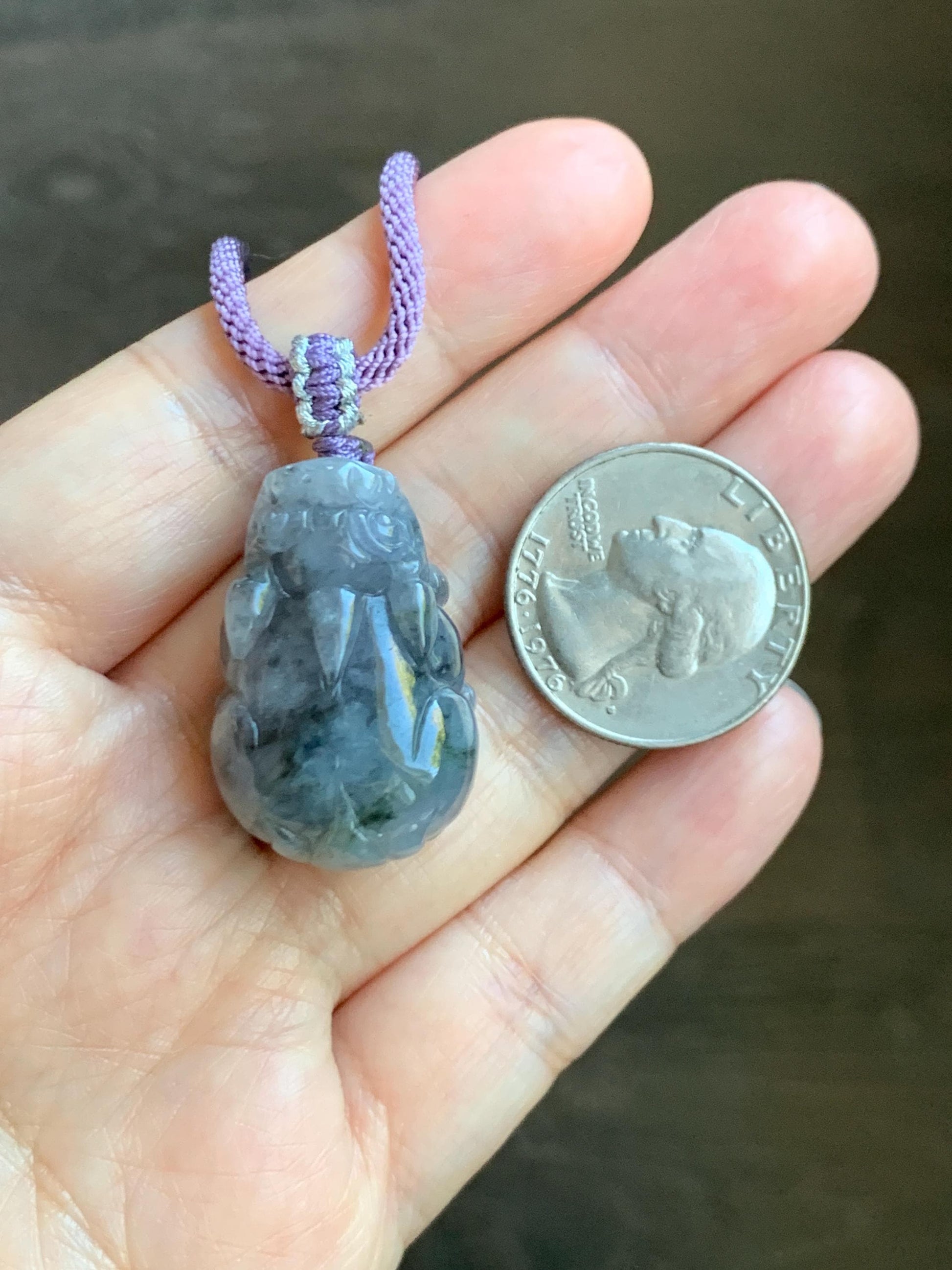 Natural Grade A Icy Translucent Wuji Jadeite w/ Light Purple Undertone Carved Large Pixiu Pendant Rope Necklace 19g 天然厚装冰紫乌鸡翡翠貔貅吊坠 FLP150