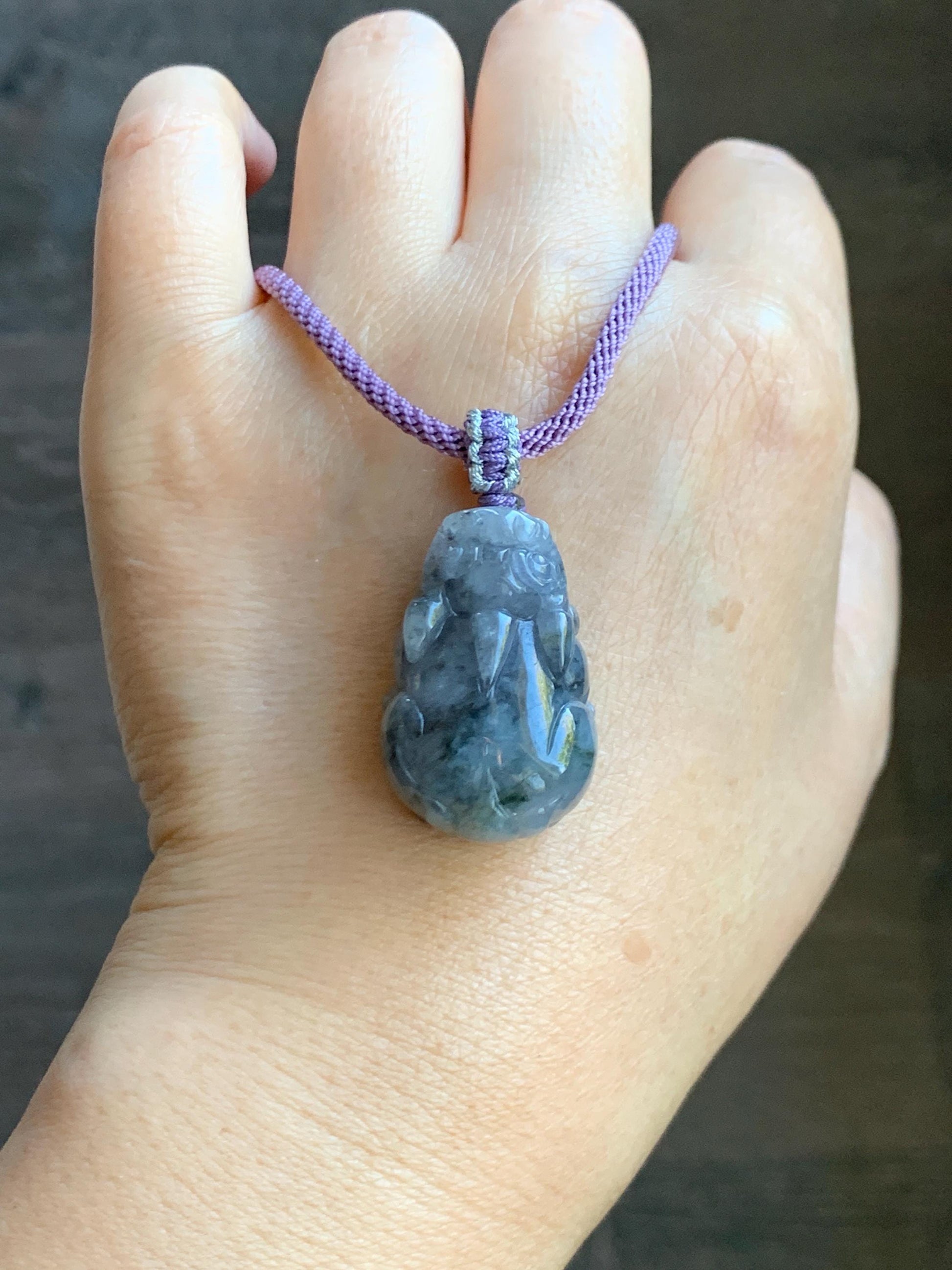 Natural Grade A Icy Translucent Wuji Jadeite w/ Light Purple Undertone Carved Large Pixiu Pendant Rope Necklace 19g 天然厚装冰紫乌鸡翡翠貔貅吊坠 FLP150