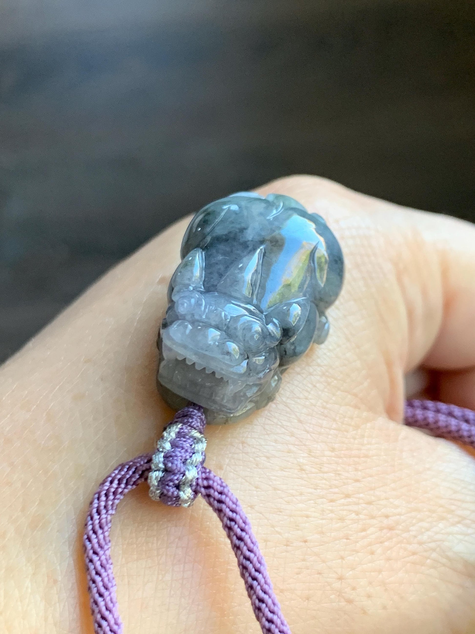 Natural Grade A Icy Translucent Wuji Jadeite w/ Light Purple Undertone Carved Large Pixiu Pendant Rope Necklace 19g 天然厚装冰紫乌鸡翡翠貔貅吊坠 FLP150